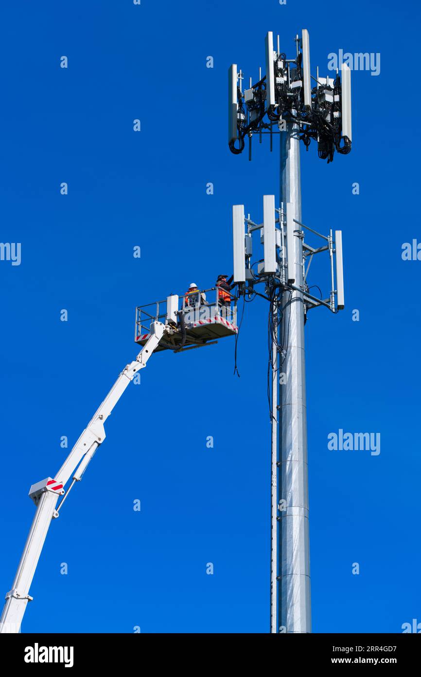 Il tecnico e il lavoratore della torre di telefonia cellulare effettuano riparazioni su un gruppo di torri di celle a Victoria, Australia, con uno sfondo blu. Foto Stock