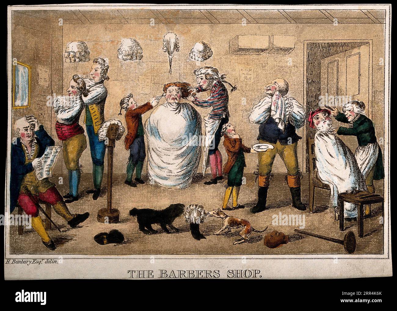 Un barbiere, incisione colorata dopo il caricaturista inglese William Henry Bunbury, 1750 - 1811 Foto Stock