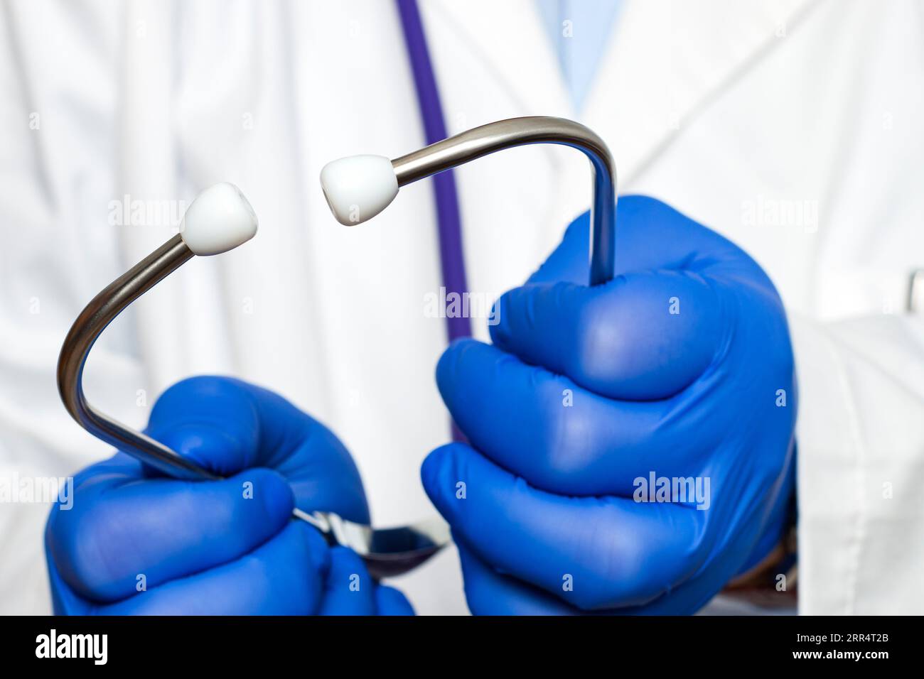 Primo piano estremo delle mani di un medico irriconoscibile che indossa guanti blu che reggono gli auricolari di uno stetoscopio. Foto Stock