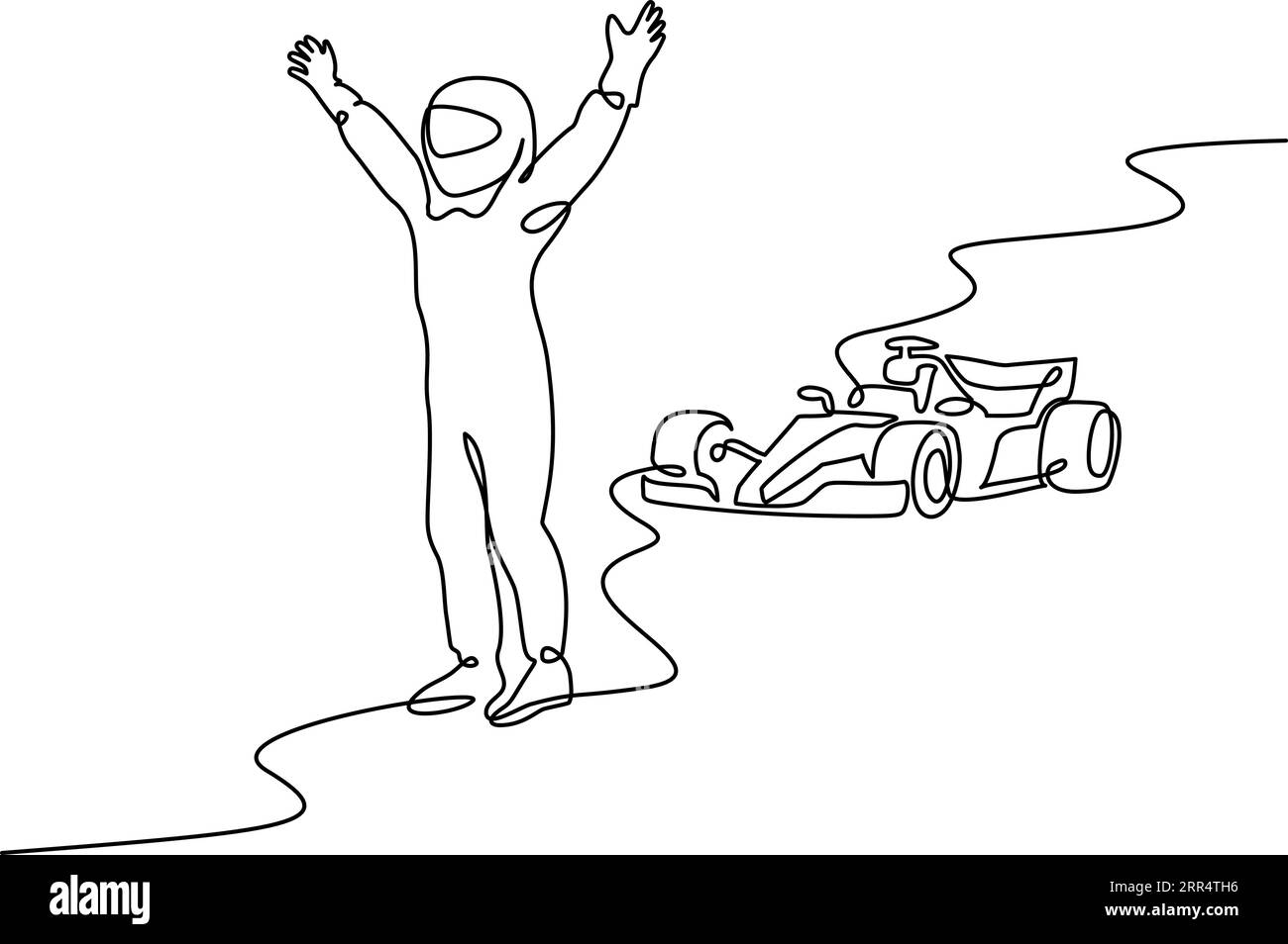 Formula Racing Sport Car e Racer vincono il Campionato. Stile di disegno continuo a una linea. Schizzo lineare nero minimalista isolato sul retro bianco Illustrazione Vettoriale