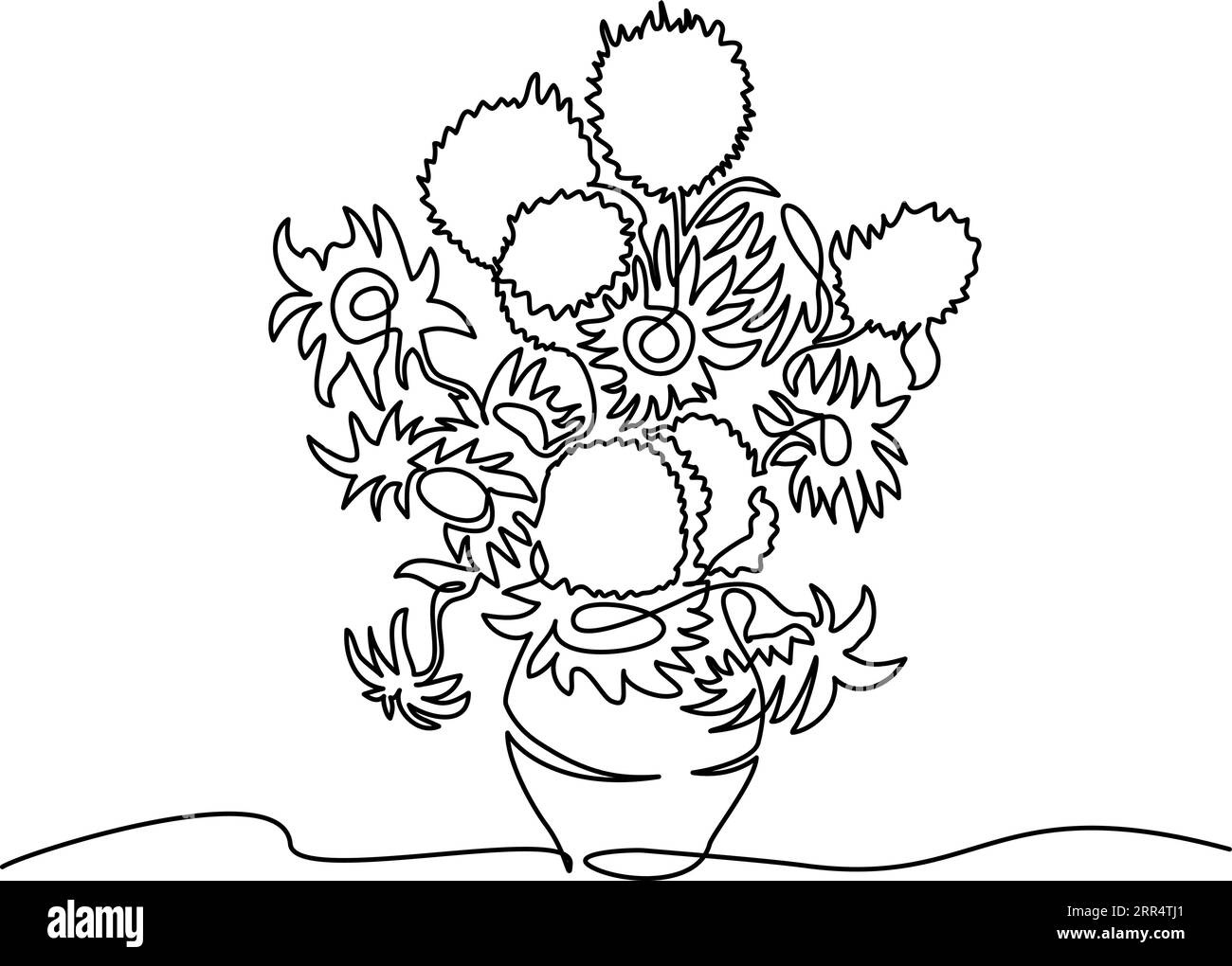 Girasoli di Vincent van Gogh. Stile di disegno continuo a una linea. Schizzo lineare nero minimalista isolato su sfondo bianco. Illustrazione vettoriale Illustrazione Vettoriale