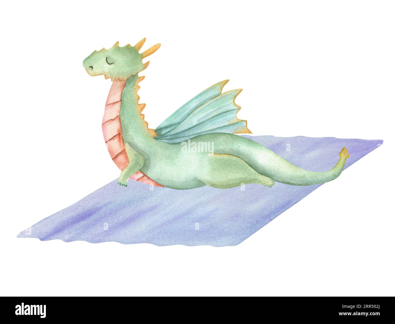 Drago che si allunga sul tappetino. Simpatici animali che praticano esercizi di fitness. Drago verde con le ali. Stile cartoni animati. Illustrazione acquerello per lo yoga Foto Stock