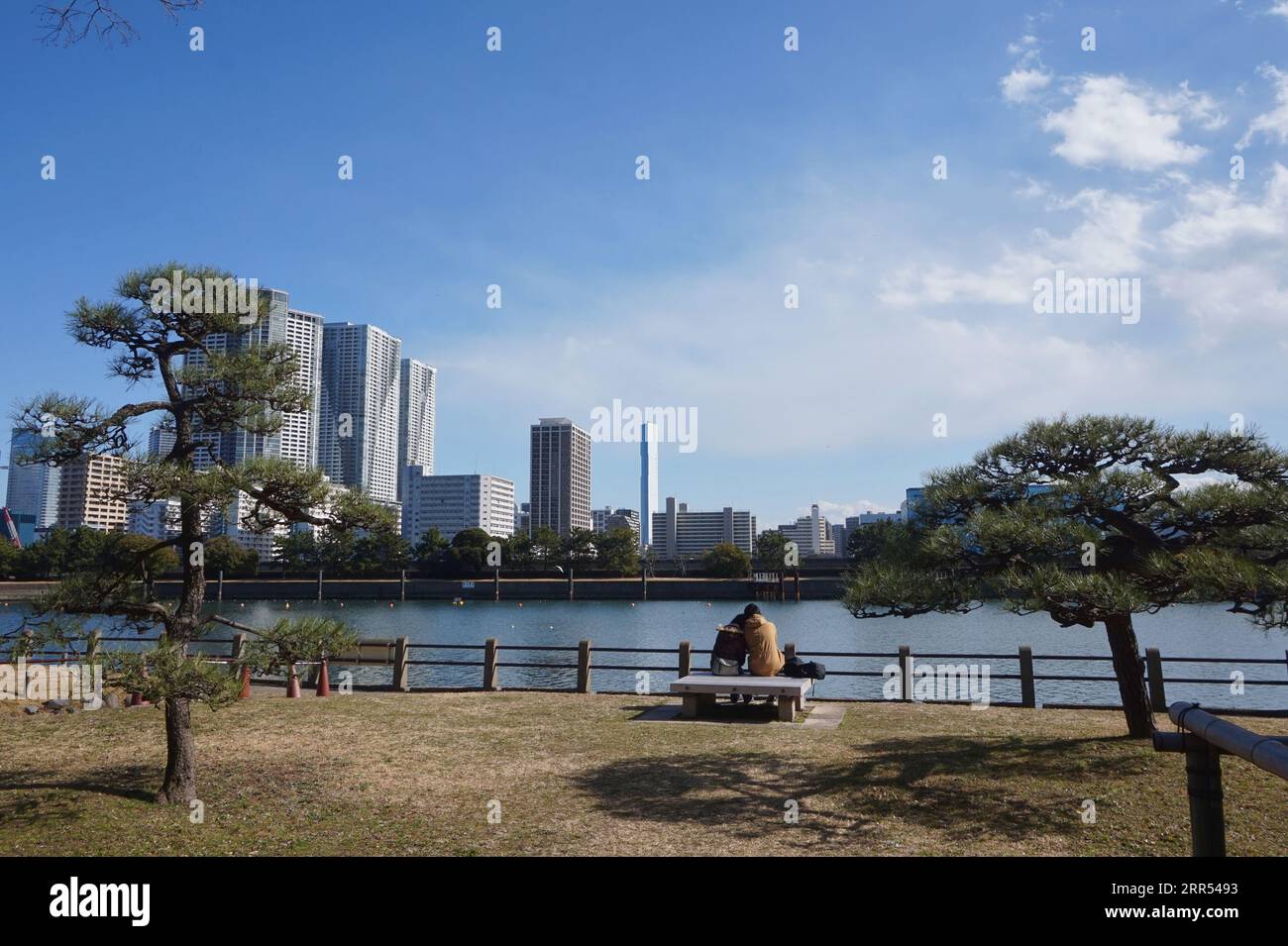 Hamarikyu Gardens, quartiere di Chūō, Tokyo. Una coppia si affaccia sullo skyline della Baia di Tokyo Foto Stock