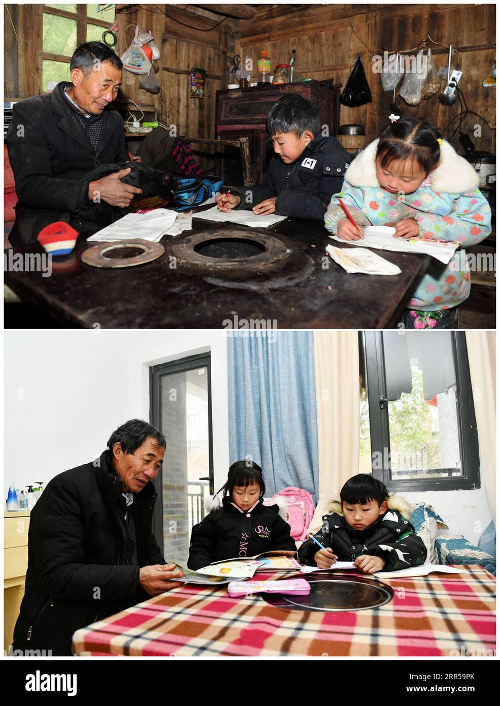 201229 -- BIJIE, 29 dicembre 2020 -- la foto combinata mostra li Changde e i suoi nipoti nella loro vecchia casa nel villaggio di Hetou della cittadina di Sanyuan nella contea di Dafang, nella provincia di Guizhou nella Cina sud-occidentale, il 13 dicembre, 2018 TOP e i tre nella loro nuova casa in una comunità di nuova costruzione per alleviare la povertà ricollocazione nell'antica cittadina di Shexiang della contea di Dafang il 23 dicembre 2020. Li Siyu, 8 anni, e sua sorella di 6 anni li Qingyi, vivevano in passato al villaggio di Hetou come membri di una famiglia povera. Dovevano passare quasi un'ora a piedi a scuola ogni giorno. I loro genitori lavoravano in altre città e.. Foto Stock