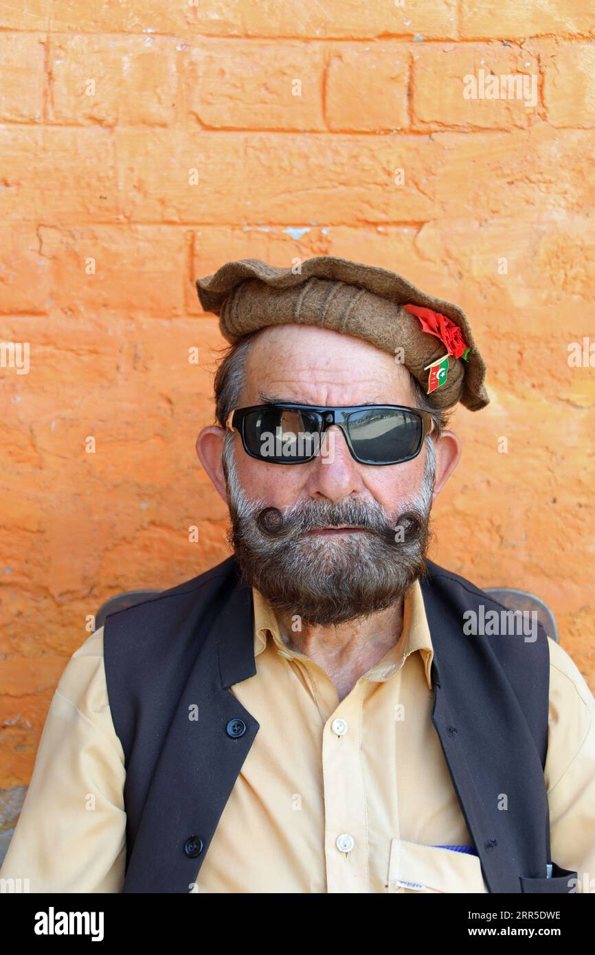 Guardiano pakistano al forte di Chitral con un distintivo P T I. Foto Stock