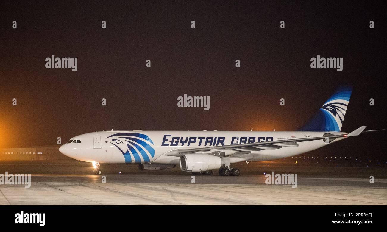 210119 -- CAIRO, 19 gennaio 2021 -- la foto del file scattata il 16 aprile 2020 mostra un aereo di EgyptAir all'aeroporto internazionale del Cairo, in Egitto. Giovedì, EgyptAir, la nave ammiraglia nazionale, ha deciso di operare un volo giornaliero per Doha a partire da lunedì, due giorni dopo che il Ministero dell'aviazione civile egiziano ha revocato un divieto di tre anni e mezzo di spazio aereo nel paese del Golfo. La decisione è arrivata giorni dopo che l'Egitto ha firmato la dichiarazione di al-Ula al 41° vertice del Consiglio di cooperazione del Golfo, che ha posto fine al boicottaggio del Qatar da parte del quartetto arabo, che comprende Egitto, Arabia Saudita, Emirati Arabi Uniti e Bahr Foto Stock