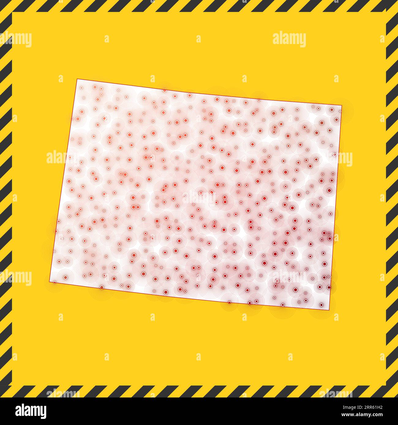 Colorado chiuso - segnale di pericolo del virus. Icona di blocco dello stato USA. Bordo a strisce nere intorno alla mappa con il concetto di diffusione del virus. Illustrazione vettoriale. Illustrazione Vettoriale