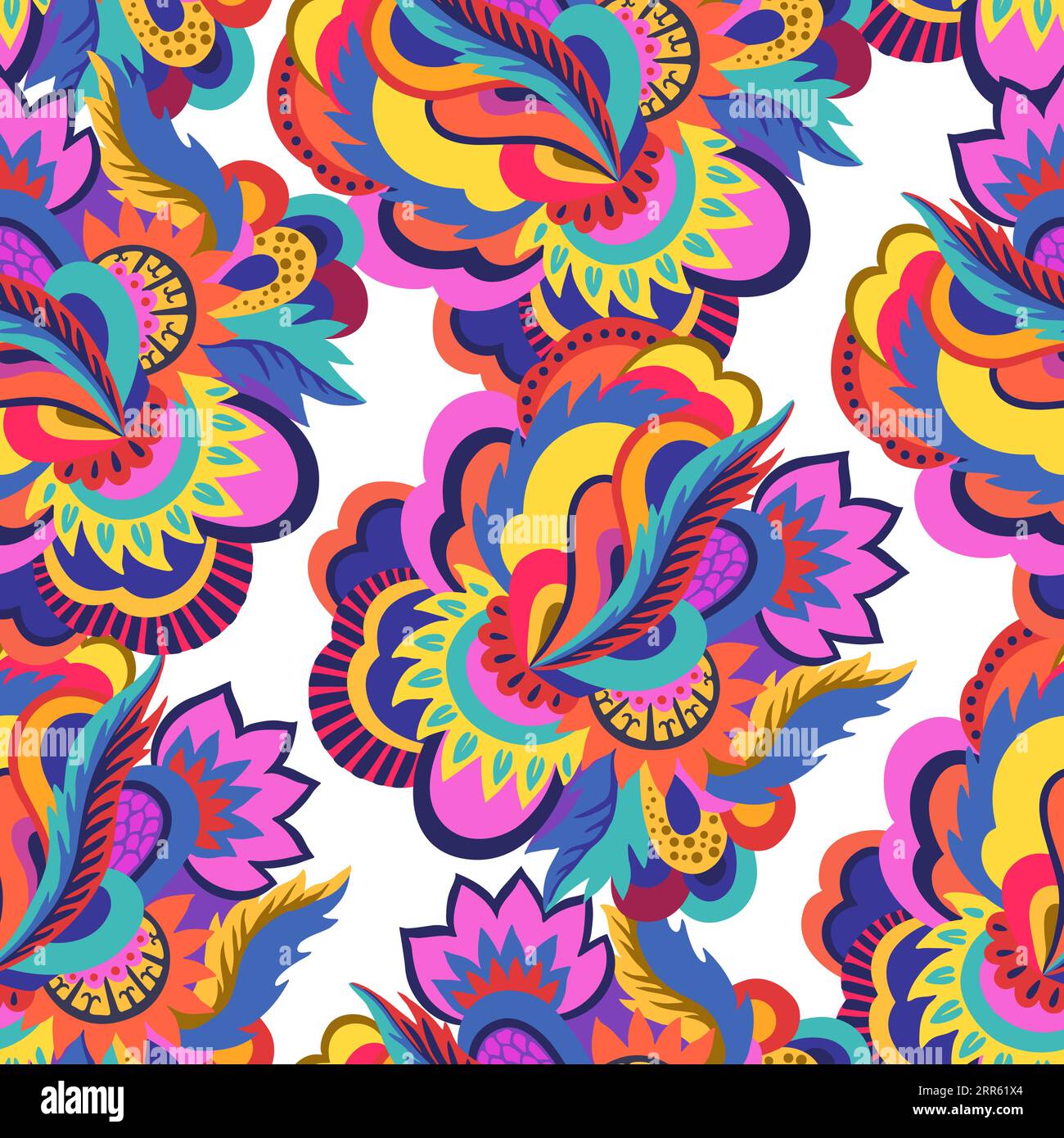 Motivo psichedelico brillante e senza cuciture con elementi colorati astratti. Illustrazione Vettoriale