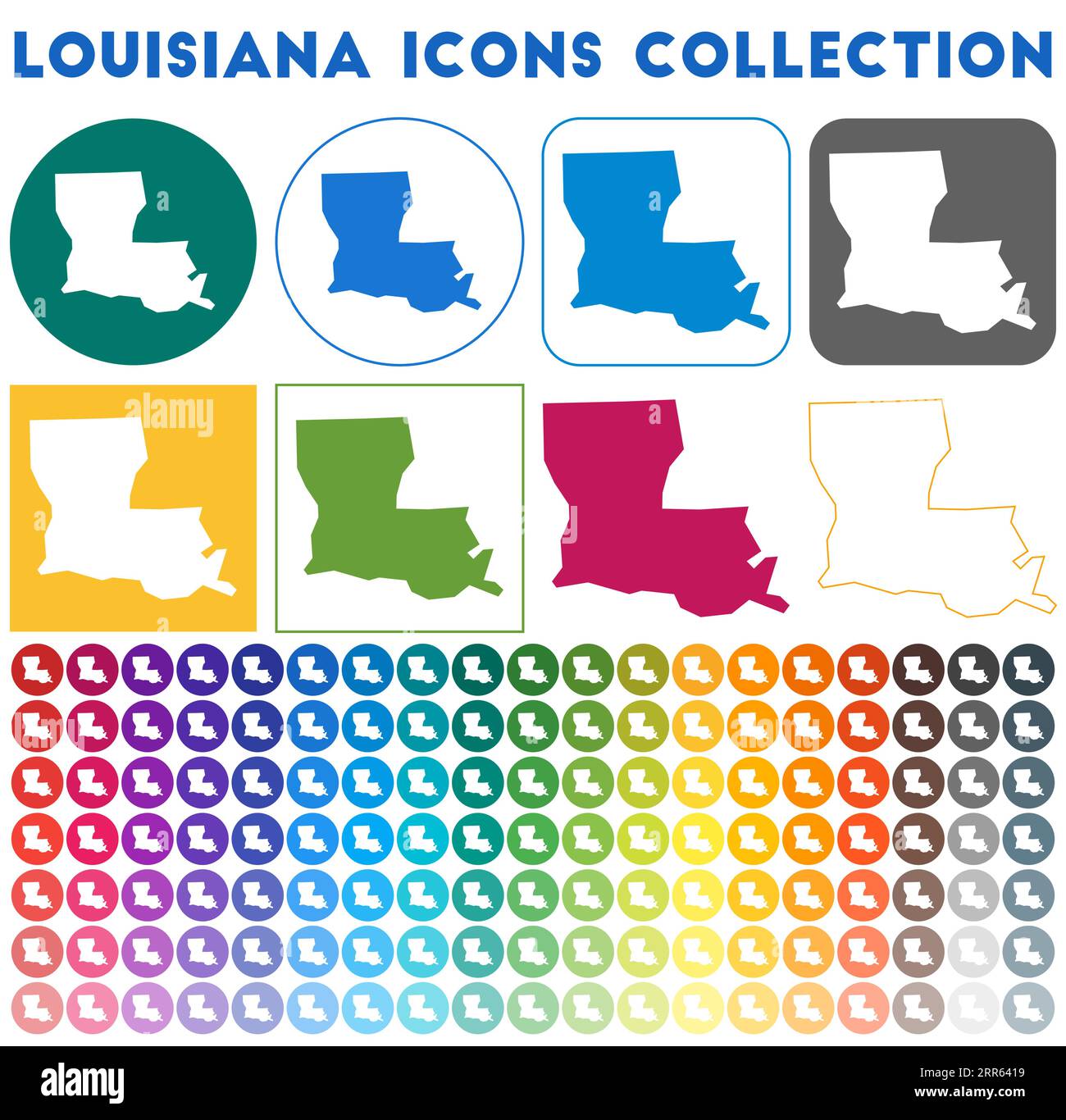 Collezione Louisiana icons. Icone luminose colorate e alla moda. Badge della Louisiana moderna con mappa dello stato degli Stati Uniti. Illustrazione vettoriale. Illustrazione Vettoriale
