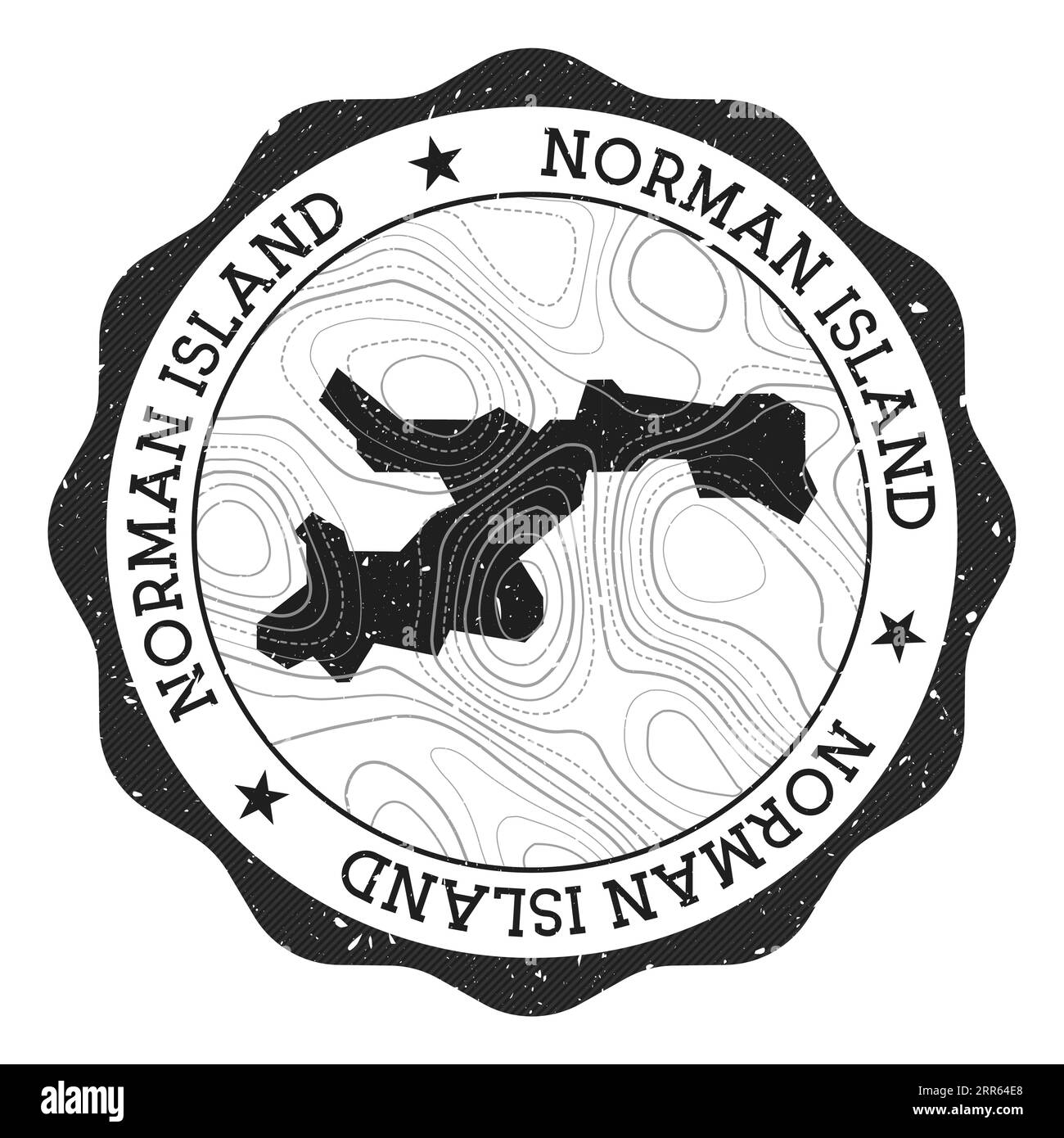 Francobollo all'aperto di Norman Island. Adesivo rotondo con mappa con isolinee topografiche. Illustrazione vettoriale. Illustrazione Vettoriale