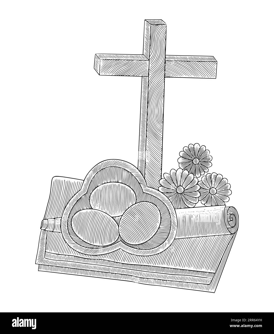 Set pasquale, con croce, fiore e tessuto, illustrazione vettoriale in stile disegno con incisione Vintage Illustrazione Vettoriale