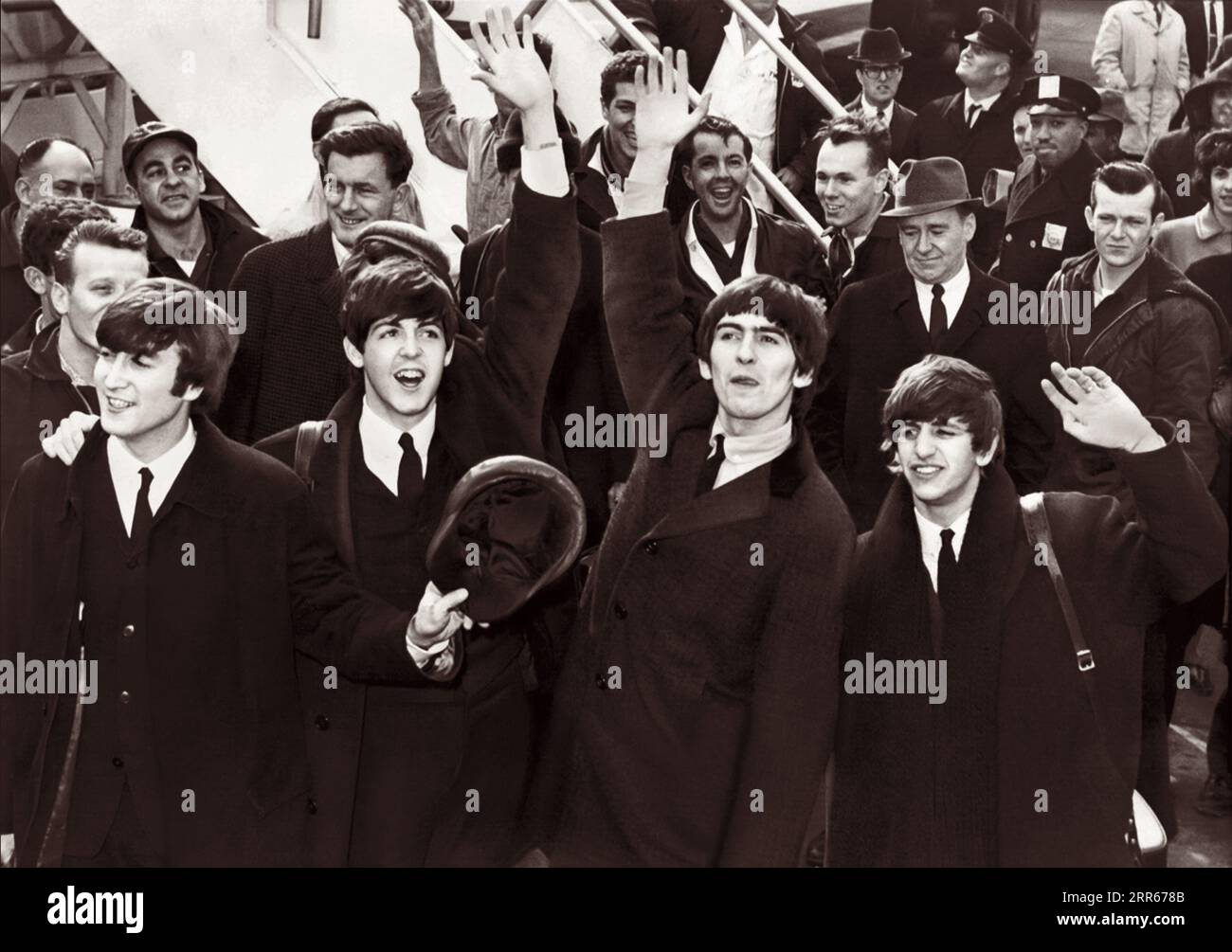 I Beatles arrivarono all'aeroporto Kennedy di New York il 7 febbraio 1964, per la loro prima visita negli Stati Uniti. (USA) Foto Stock
