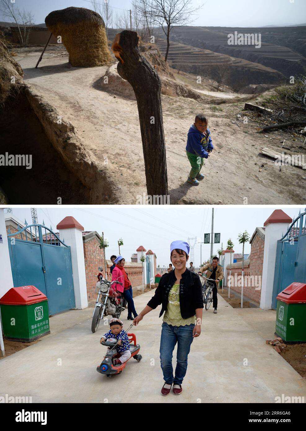 210214 -- YINCHUAN, 14 febbraio 2021 -- TOP: Un ragazzo suona da solo sulla pianura secca della città di Hongbaiyang, contea di Pengyang, Guyuan, regione autonoma Ningxia Hui della Cina nord-occidentale, 15 giugno 2013 FONDO: la nuora di Zhang Junming prende suo figlio nel sito di trasferimento di Binhe Jiayuan a Yinchuan, nella regione autonoma di Ningxia Hui della Cina nord-occidentale, il 22 giugno 2015. Zhang Junming, 55 anni, una volta viveva nella Hongbaiyang Township, un'area economica arretrata nel Ningxia meridionale. Quando era giovane, Zhang era stato gravemente ferito in un incidente, e quindi soffriva di disabilità alle gambe che gli impedivano di S Foto Stock