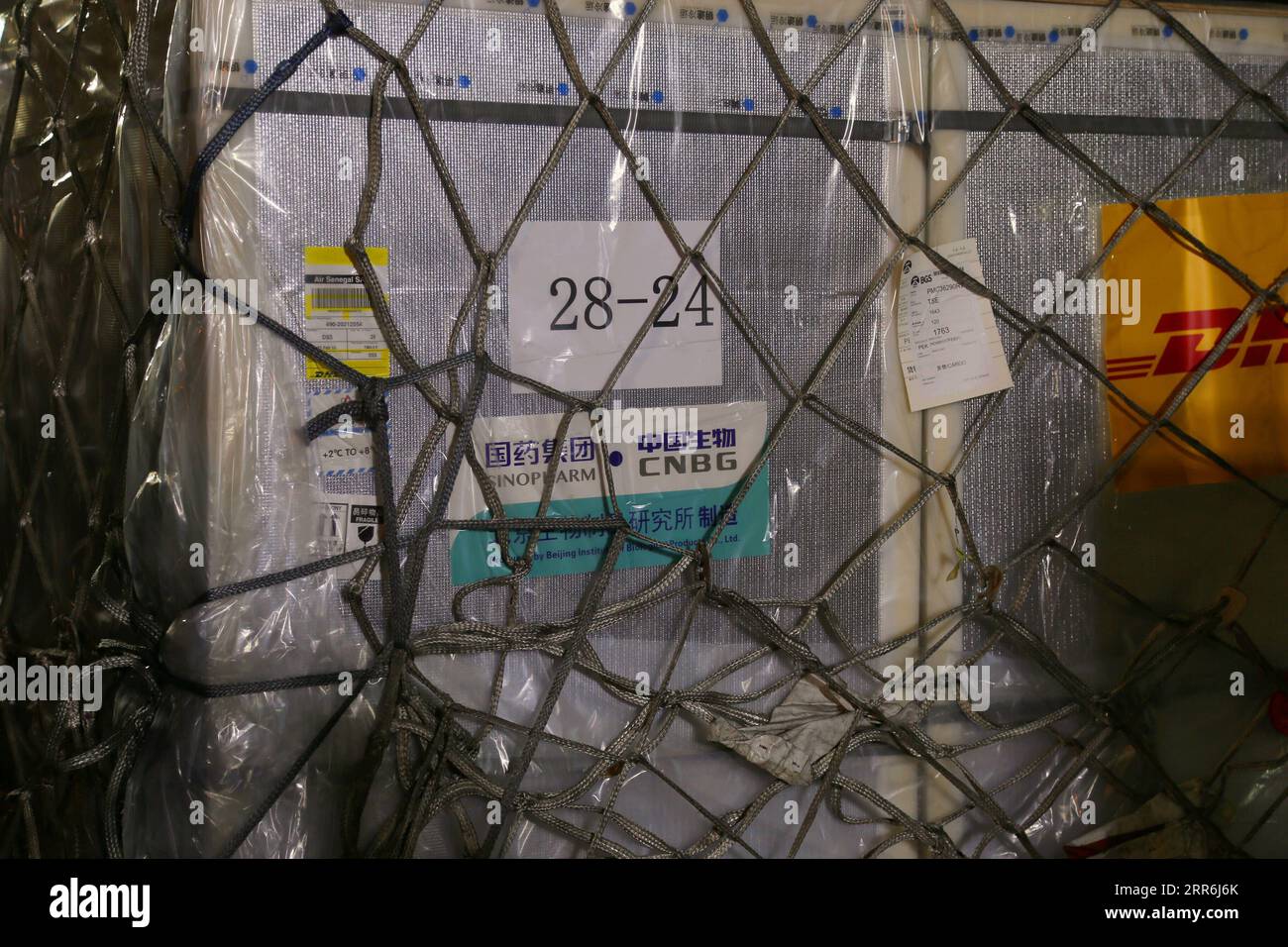 210218 -- DAKAR, 18 febbraio 2021 -- foto scattata il 17 febbraio 2021 mostra il primo lotto di vaccino contro la COVID-19 di Sinopharm cinese all'aeroporto internazionale Blaise Diagne di Dakar, Senegal. Il Senegal mercoledì sera ha ricevuto il primo lotto di vaccino anti COVID-19 Sinopharm della Cina. SENEGAL-DAKAR-CINESE COVID-19 VACCINO-ARRIVO XINGXJIANQIAO PUBLICATIONXNOTXINXCHN Foto Stock