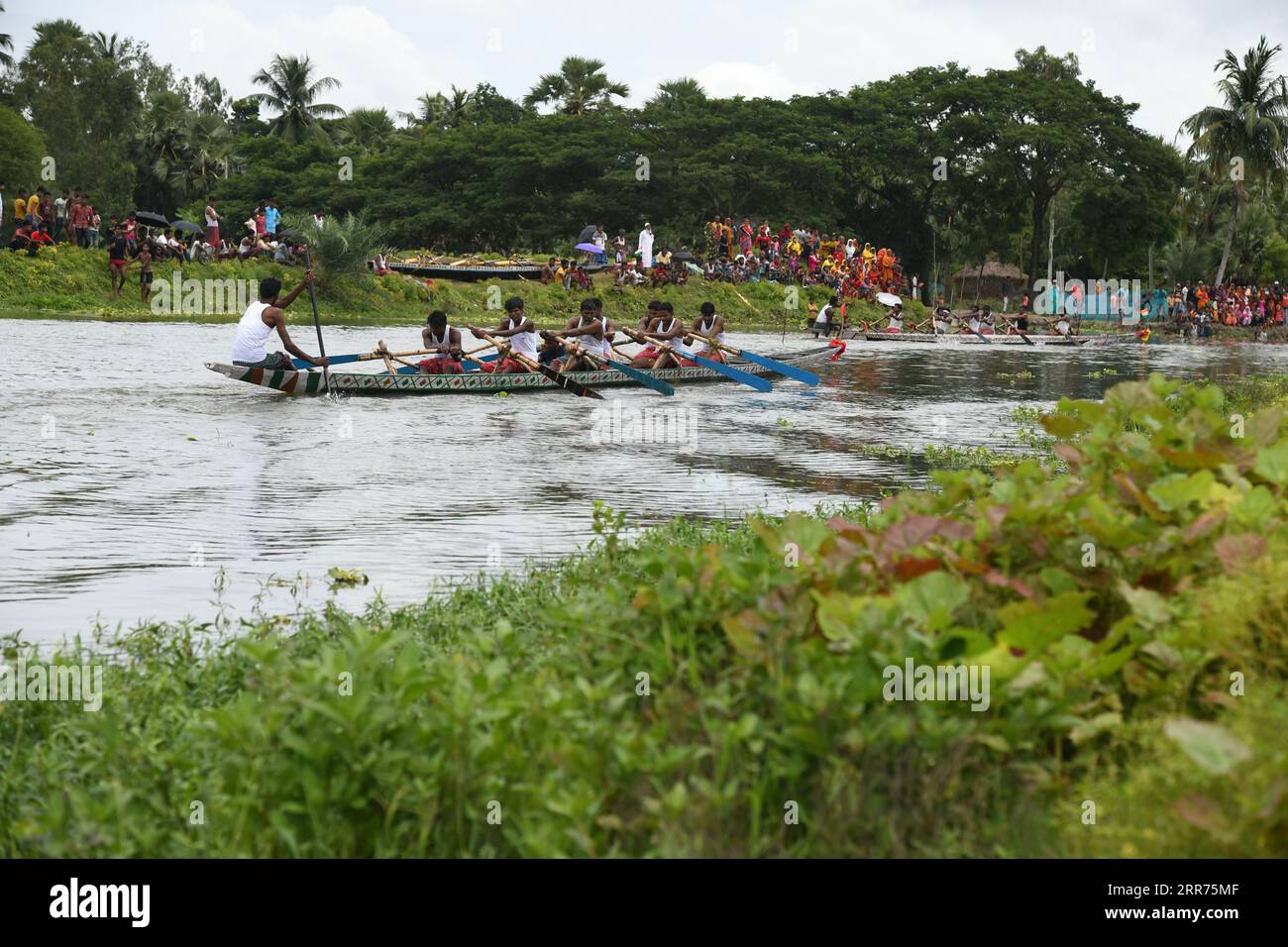 Kolkata, India. 6 settembre 2023. Tradizionale ottavo festival annuale di gare in barca nei Sundarbans sul fiume Thakuran (chiamato anche Jamira) nei Sundarbans con migliaia di tifosi locali a Betberia ghola, a circa 50 km di distanza da Calcutta. Dove sei barche lunghe 60 piedi che partecipano con 9 barcaioli ciascuna organizzata dagli abitanti del villaggio di Ramamari e Gobramari, South 24 Parganas, West Bengal. (Foto di Biswarup Ganguly/Pacific Press) Credit: Pacific Press Media Production Corp./Alamy Live News Foto Stock