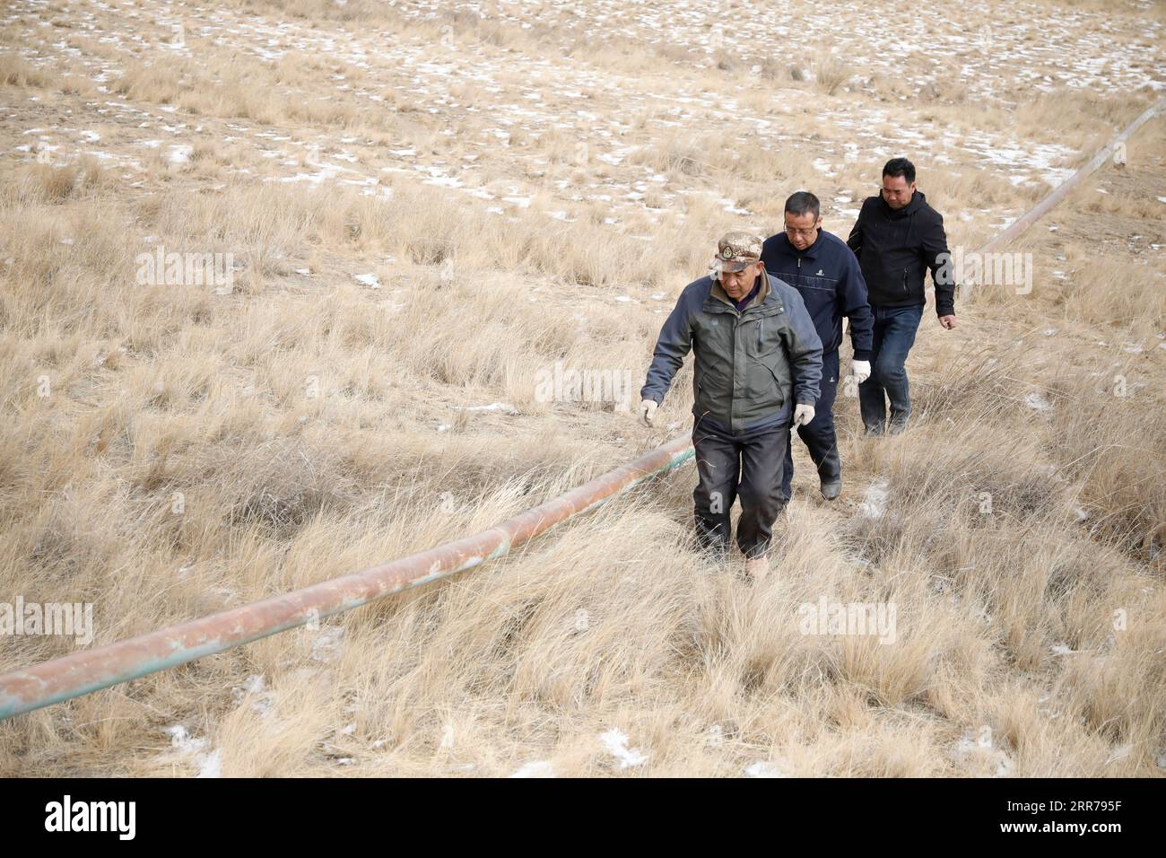 210321 -- SUNAN, 21 marzo 2021 -- il fronte di GU Zhengli e i suoi colleghi sono sulla strada di un tour di ispezione nella Dahe Township, Yugu Autonomous County of Sunan, provincia del Gansu della Cina nord-occidentale, 20 marzo 2021. GU Zhengli, 59 anni, lavora in prima linea nel progetto di conservazione dell'acqua di Tanggaer nel comune di Dahe per 42 anni, salvaguardando la sicurezza dell'acqua potabile per la popolazione locale e il bestiame. Poiché le precipitazioni annuali nella città sono di soli 150 - 300 millimetri, il progetto di conservazione dell'acqua di Tanggaer è letteralmente la via di fuga per i pastori locali. Ogni mattina GU si alza presto e gestisce un Foto Stock