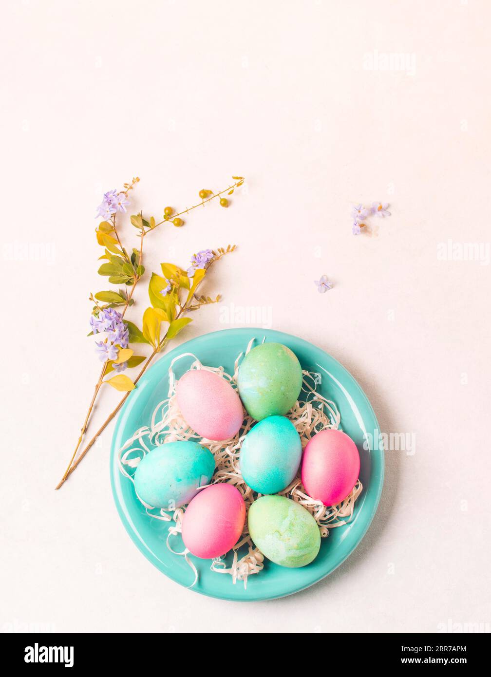 Piatto di uova luminose vicino al ramoscello di fiori Foto Stock