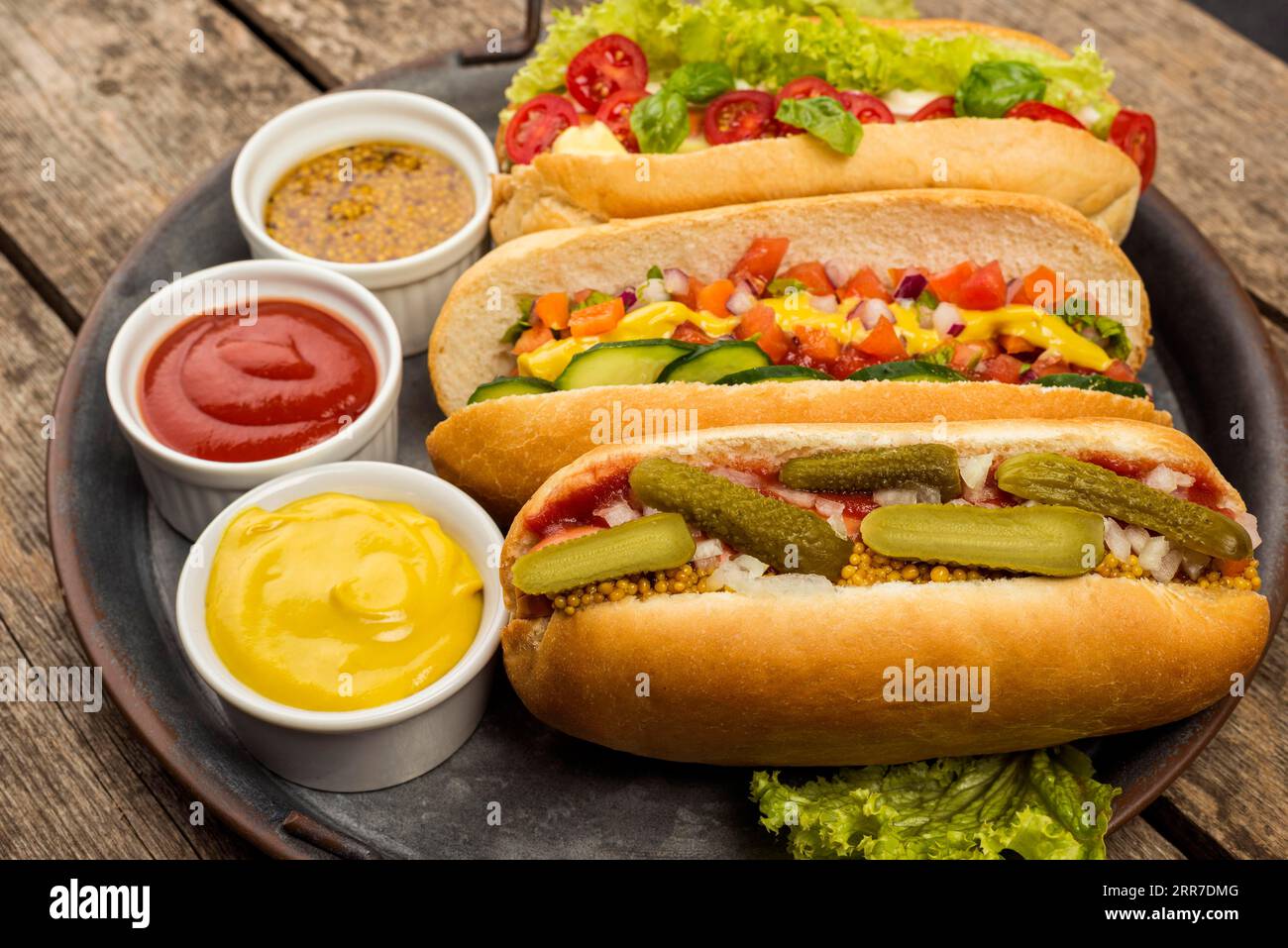 Disposizione di salse per hot dog Foto Stock