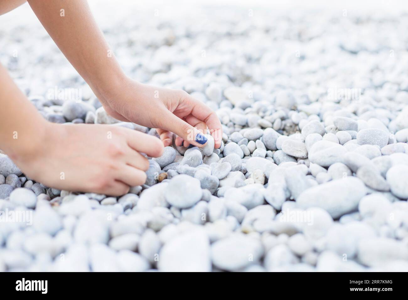 La mano di una donna che raccoglie la spiaggia di ciottoli Foto Stock