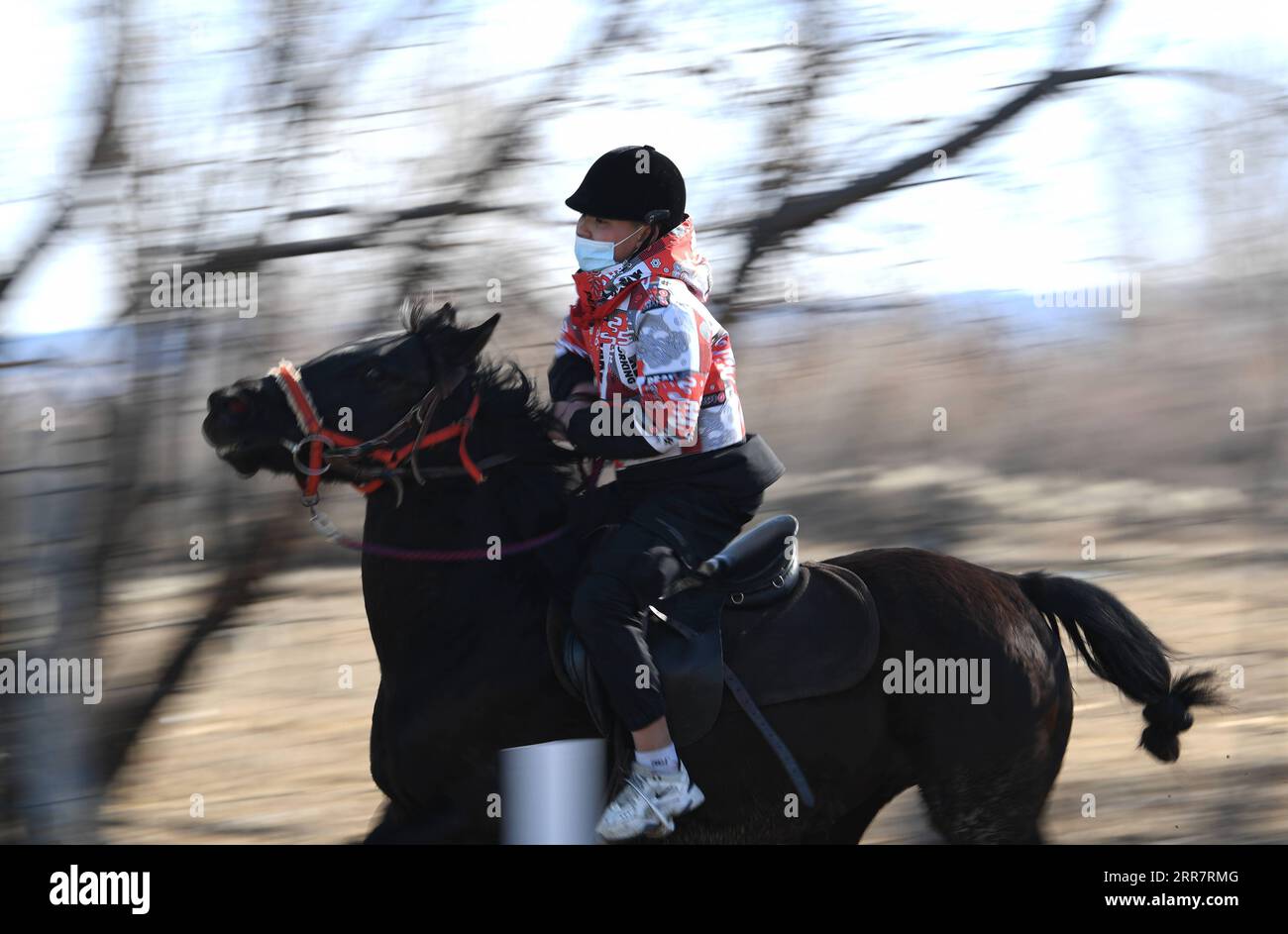 210403 -- BURQIN, 3 aprile 2021 -- Parasat Zhumabek, uno studente senventh della Oymak Boarding School, cavalca un cavallo durante una classe equestre nella contea di Burqin, nella regione autonoma dello Xinjiang Uygur della Cina nord-occidentale, 30 marzo 2021. Le persone nella regione autonoma di Xinjiang Uygur hanno una tradizione di allevamento e equitazione. La Oymak Boarding School ha iniziato a offrire lezioni di equitazione alla fine del 2019. Gli studenti, la maggior parte dei quali provengono da famiglie di pastori, imparano sia la conoscenza teorica che la pratica dell'equitazione nelle classi equestri. Dopo le lezioni, gli studenti diventano più forti fisicamente e amano la vita A. Foto Stock
