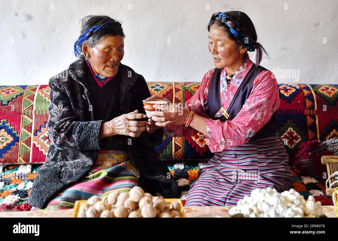 210411 -- XIGAZE, 11 aprile 2021 -- Lhapa L riceve una tazza di tè al burro da sua figlia a casa nel villaggio di Puga di Xigaze, nella regione autonoma del Tibet della Cina sud-occidentale, 20 marzo 2021. Lhapa, nato nel 1945, è un abitante del villaggio di Puga. Quando era bambina, sua madre divenne cieca a causa del lavoro eccessivo e perse la capacità di lavorare. Il proprietario della servitù l'ha cacciata dal maniero, e la madre di Lhapa ha dovuto implorare ovunque con sua sorella per vivere. Nel 1959, durante la riforma democratica in Tibet, la famiglia Lhapa si riunì e assegnò 24 mu circa 1,6 ettari di terreno, sei pecore e due mucche Foto Stock