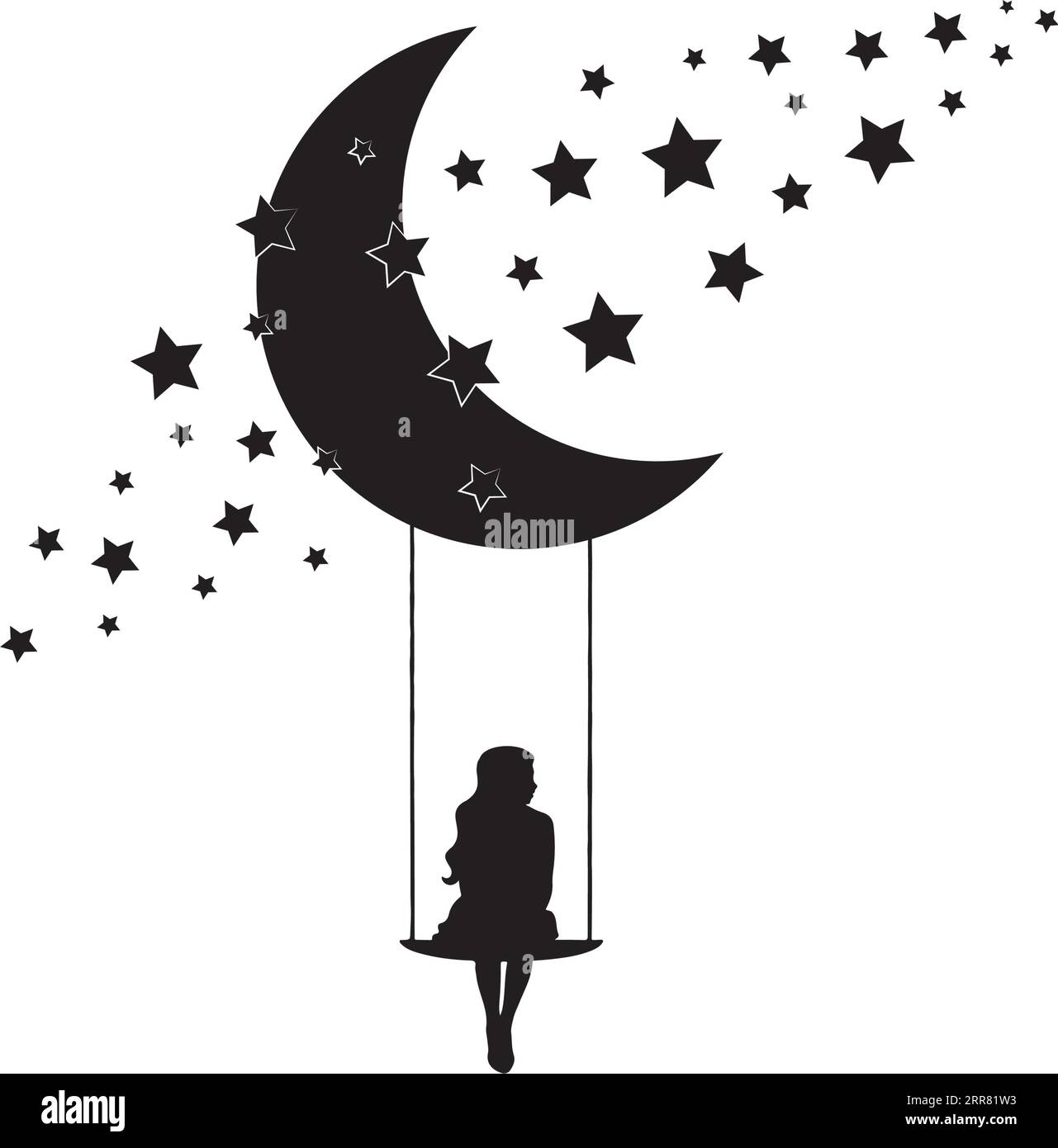 Ragazza su un'altalena sulla luna, vettore. Silhouette da ragazza sulla luna con le stelle. Decalcomanie murali isolate su sfondo bianco, design artistico, opere d'arte. Illustrazione Vettoriale