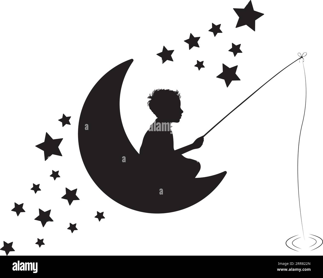 Ragazzo che pesca sulla luna, vettore. Silhouette di un pescatore sulla luna con le stelle. Decalcomanie murali isolate su sfondo bianco, design artistico, opere d'arte. Nero e W Illustrazione Vettoriale