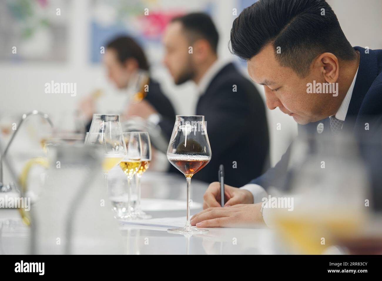 Degustazione alla cieca, primo piano. Il sommelier prende appunti sulla scheda di degustazione. Foto Stock