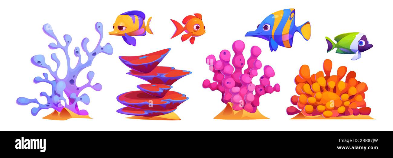 Piante e animali sottomarini: Alghe marine, barriera corallina e set di illustrazioni vettoriali per cartoni animati di pesci. Creazioni marine o acquari dai colori vivaci. Habitat acquatico tropicale con fondo marino e fondo oceano. Illustrazione Vettoriale Piante e animali sottomarini: Alghe marine, barriera corallina e set di illustrazioni vettoriali per cartoni animati di pesci. Creazioni marine o acquari dai colori vivaci. Habitat acquatico tropicale con fondo marino e fondo oceano. Illustrazione Vettoriale