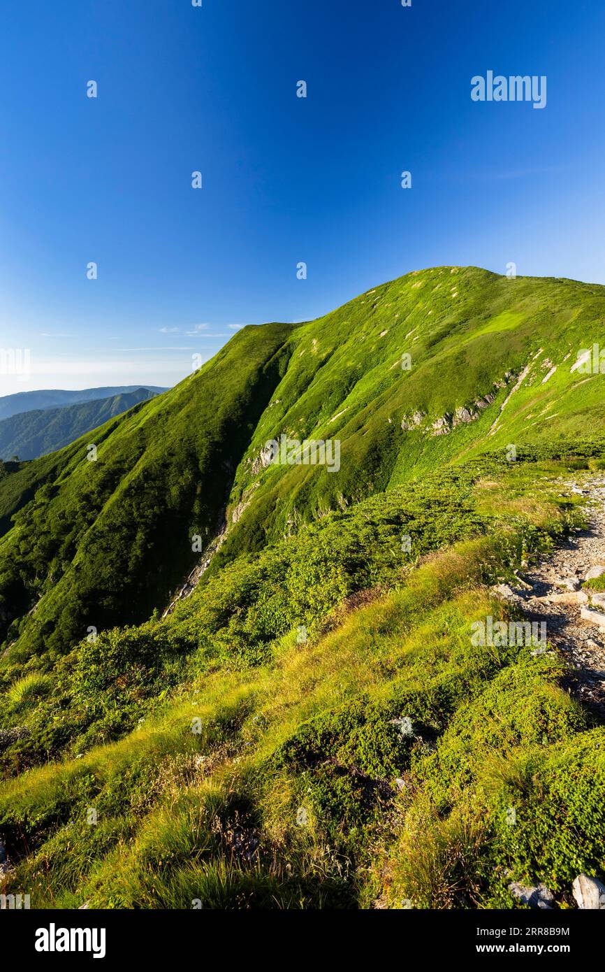 Catena montuosa di Asahi, cavalcata del monte Ohasahidake più alto, dal sentiero, 100 montagne del Giappone, Yamagata, Tohoku, Giappone, Asia Foto Stock