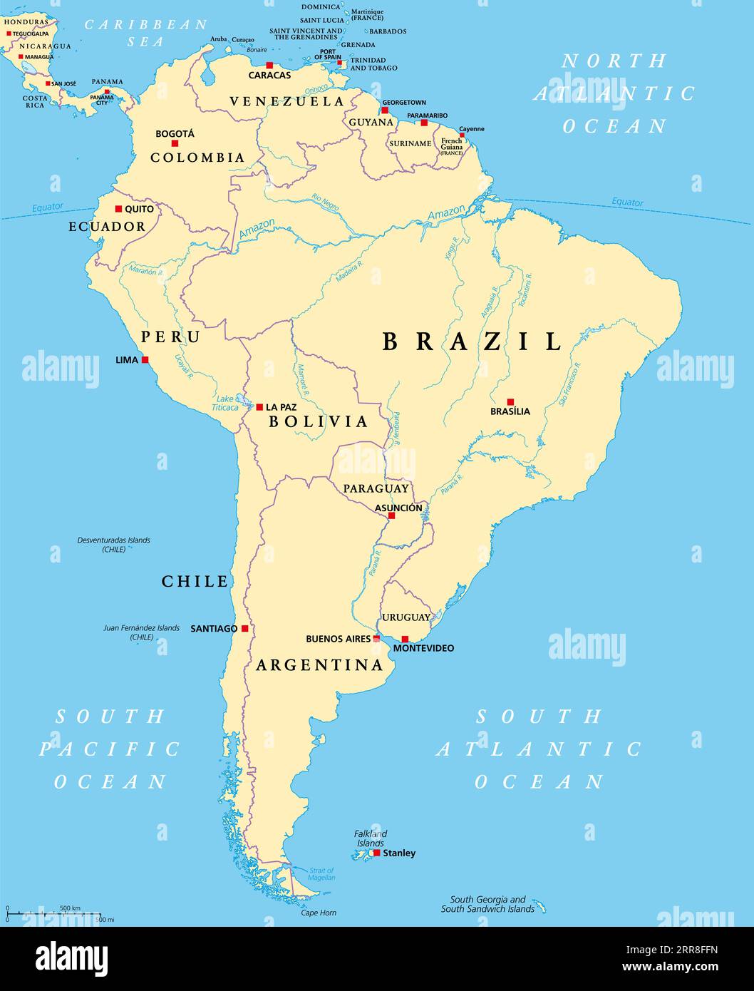 Sud America, mappa politica con confini, capitali e i fiumi più grandi. Un continente, delimitato dal Pacifico e dall'Oceano Atlantico. Foto Stock