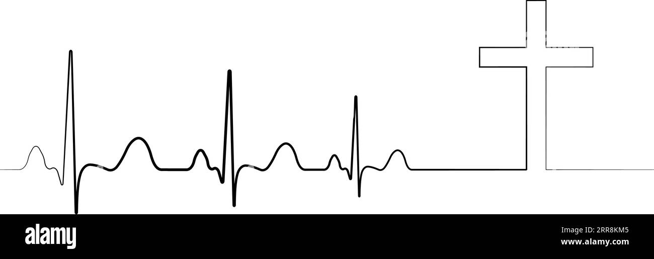 Simbolo icona morte, arresto cardiaco, cardiogramma con croce Illustrazione Vettoriale