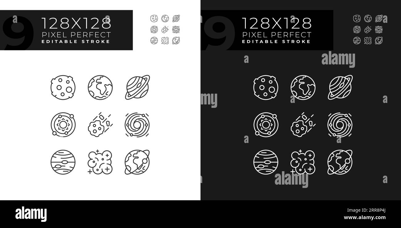Corpi celesti icone lineari pixel Perfect impostate per la modalità luce e scura Illustrazione Vettoriale