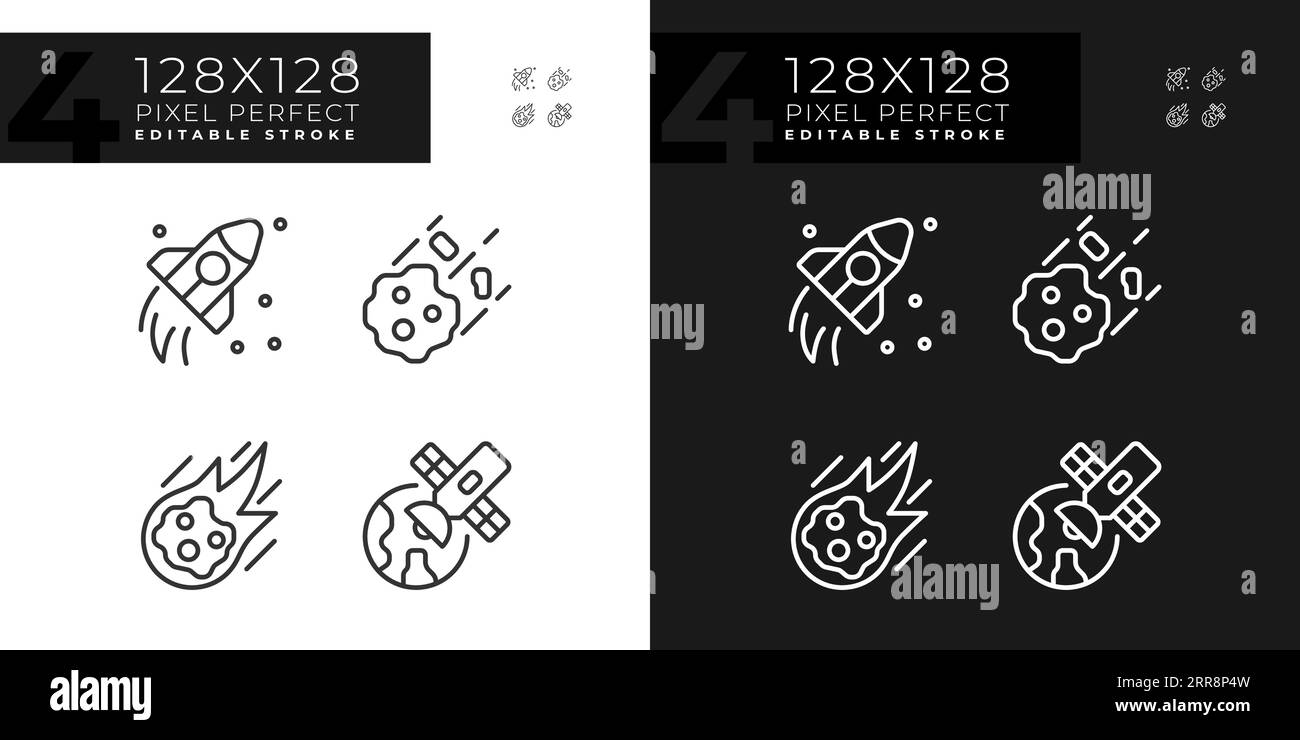 Icone lineari perfette per pixel di esplorazione cosmica impostate per la modalità luce e buio Illustrazione Vettoriale