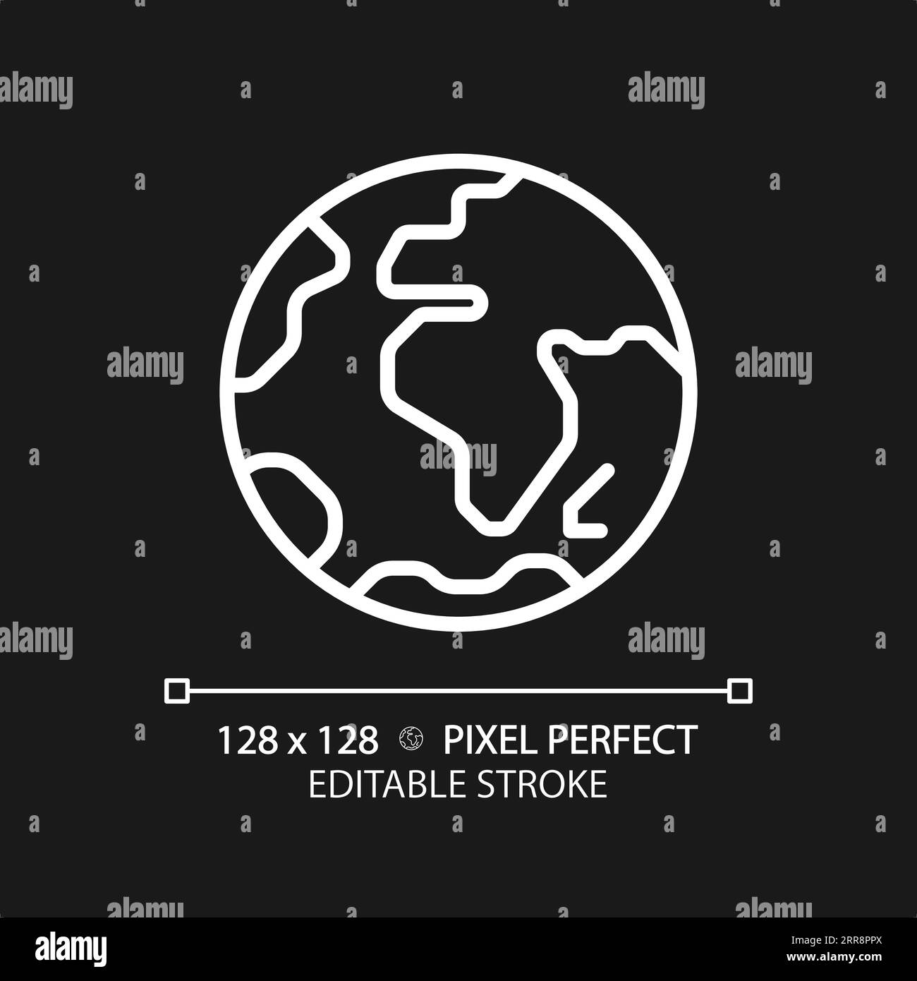 Pixel pianeta Terra icona lineare bianca perfetta per tema scuro Illustrazione Vettoriale