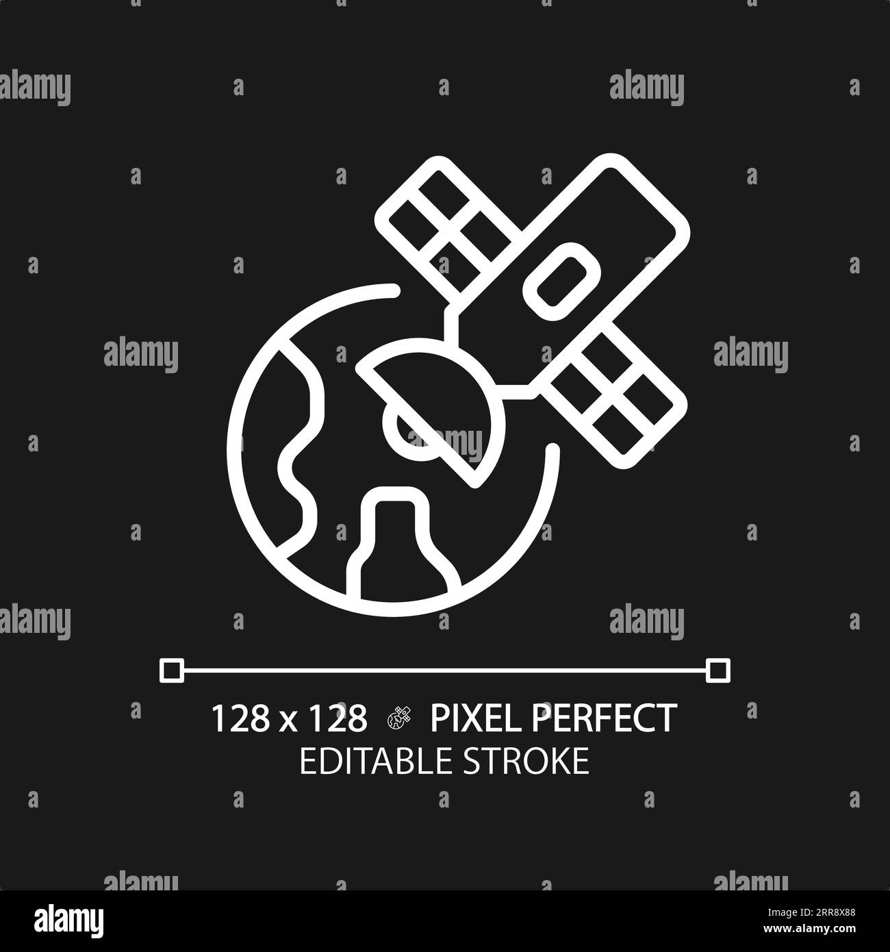 Pixel satellite icona lineare bianco perfetto per tema scuro Illustrazione Vettoriale