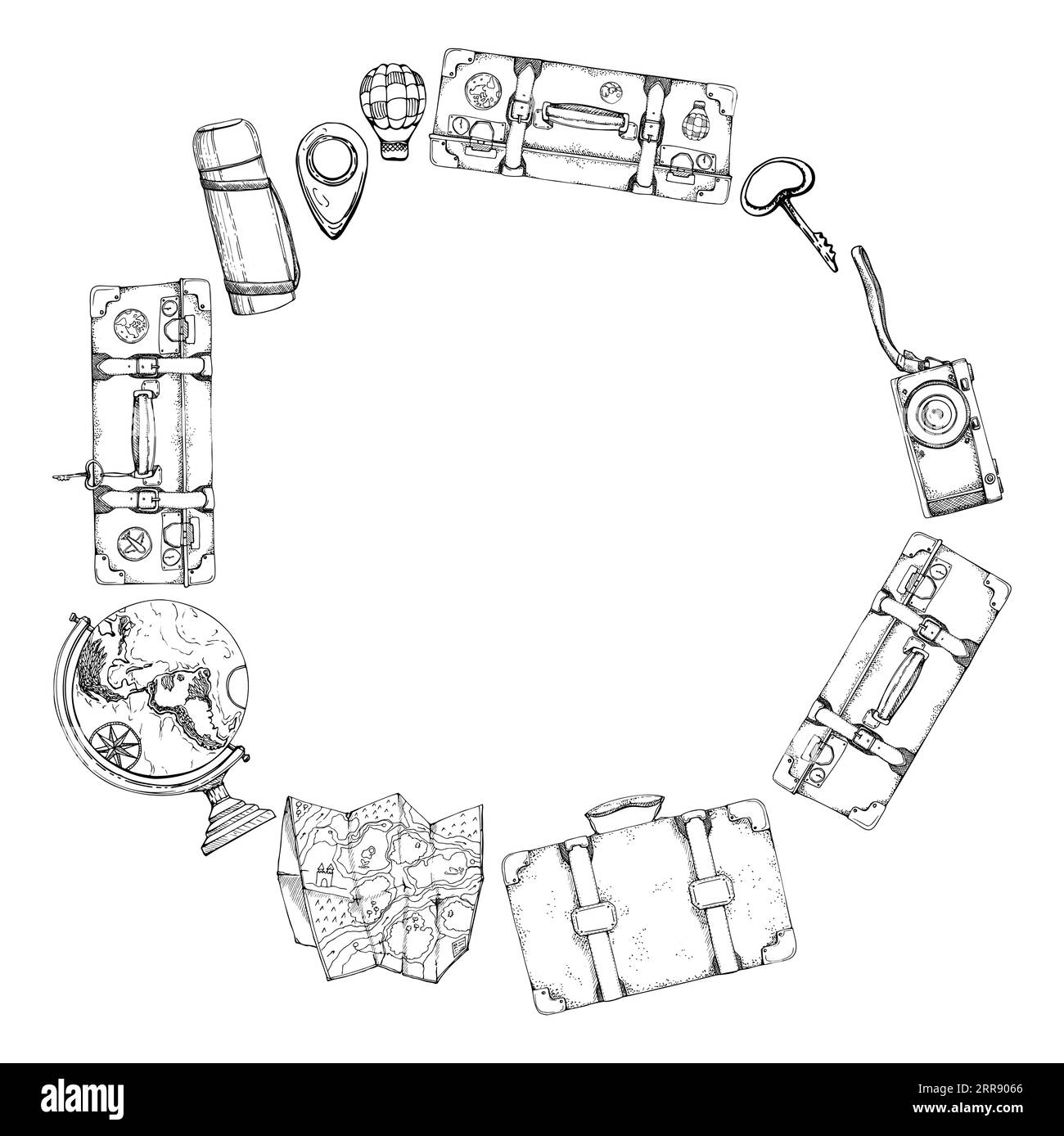 Schizzo grafico vettoriale disegnato a mano con inchiostro. Telaio della corona tonda. Accessori turistici, valigia, beuta sottovuoto, macchina fotografica, mappamondo. Turismo Illustrazione Vettoriale