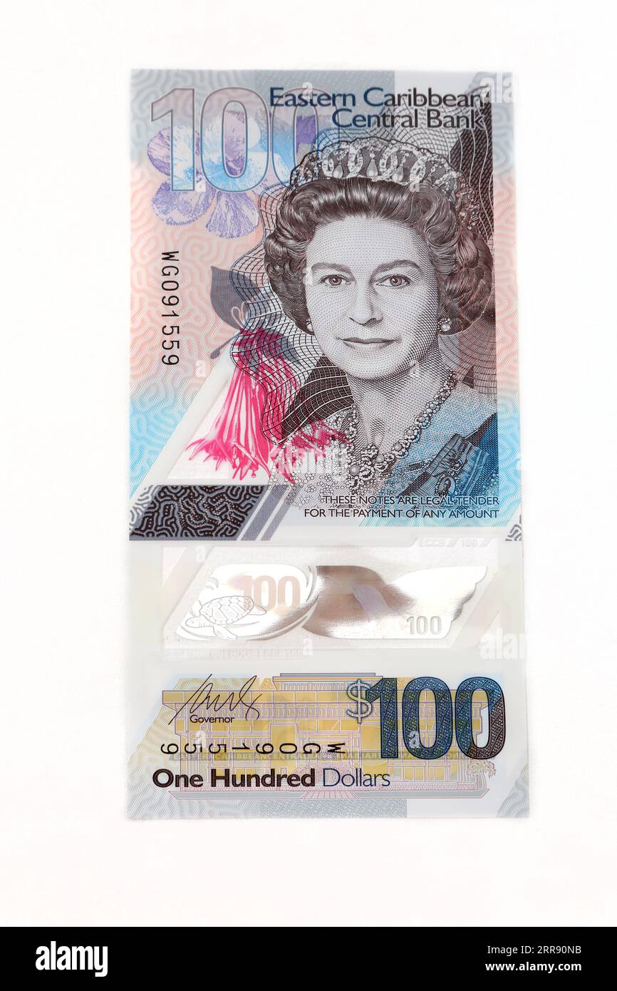 Eastern Caribbean Central Bank Polymer Dollars 2019 Issue Vertical Format 100 Dollaro lato opposto che mostra la regina Elisabetta II Foto Stock