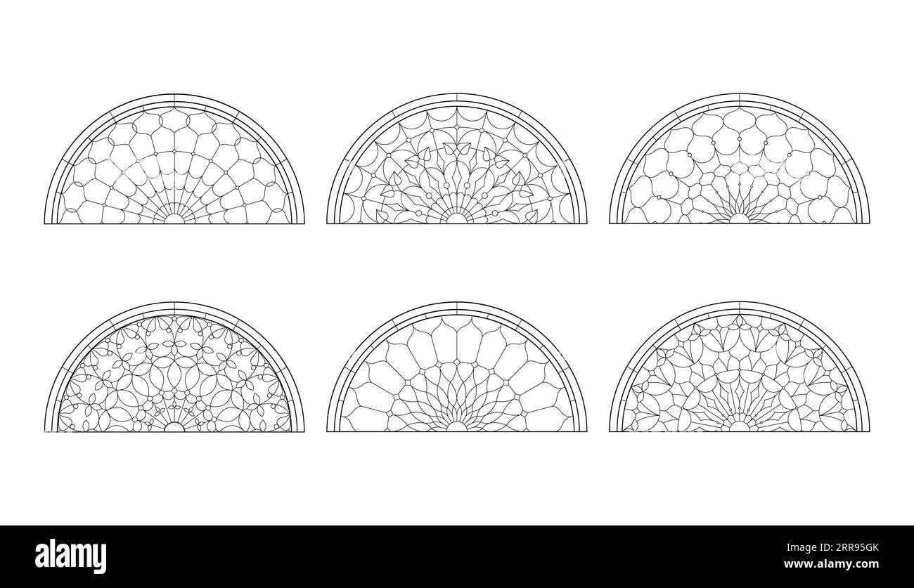 Finestre di vetro della chiesa. Semicircoli cattolici in bianco e nero. Illustrazione Vettoriale