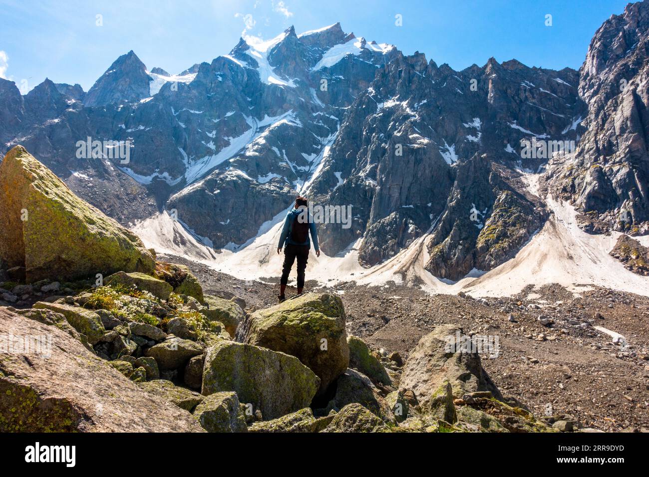 Una persona su una scogliera che si affaccia sulle cime glaciali dell'Himalaya nella valle del Kinnaur, Himachal Pradesh. Parte del pellegrinaggio indù, Kinner Kailash Yatra. Foto Stock