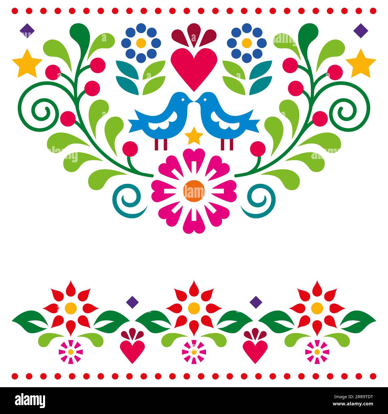 Biglietto d'auguri vettoriale in stile arte popolare messicana o disegno di invito di matrimonio con fiori e due uccelli Illustrazione Vettoriale