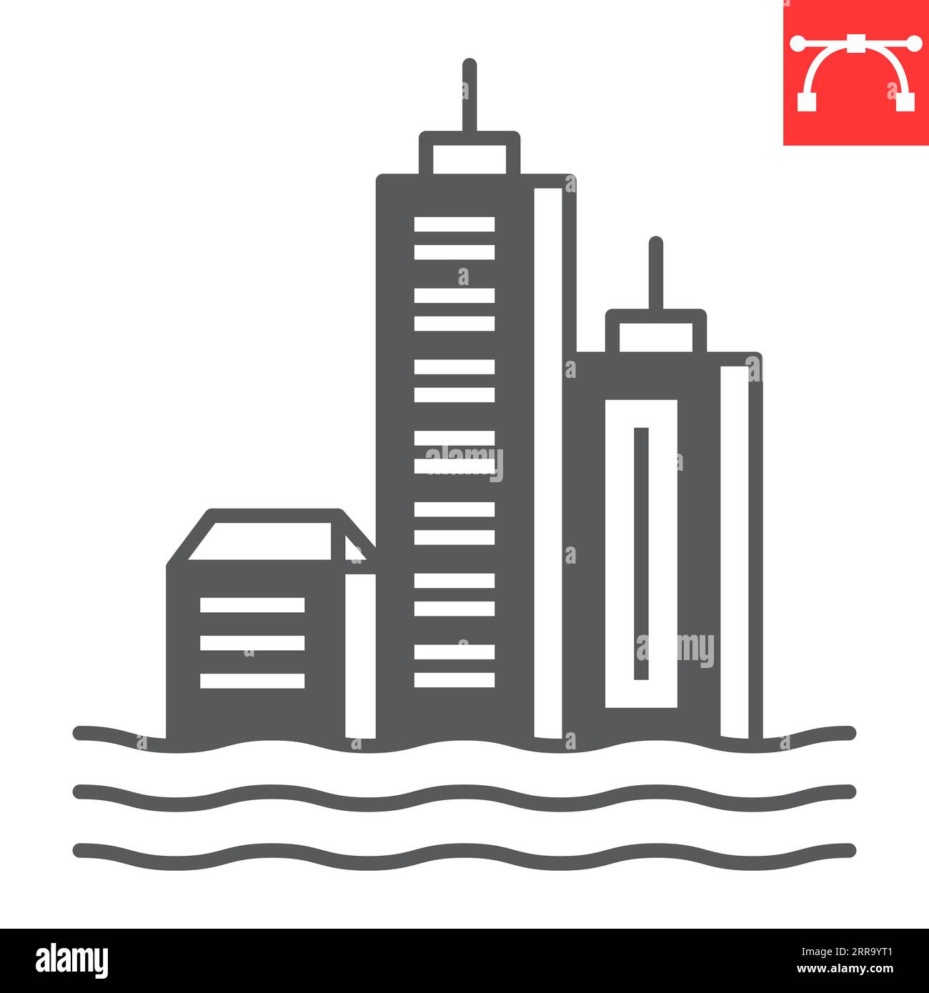 Icona del glifo di inondazione della città, cambiamento climatico ed ecologia, icona del vettore di disastri idrici, grafica vettoriale, segno solido di tratto modificabile, eps 10. Illustrazione Vettoriale