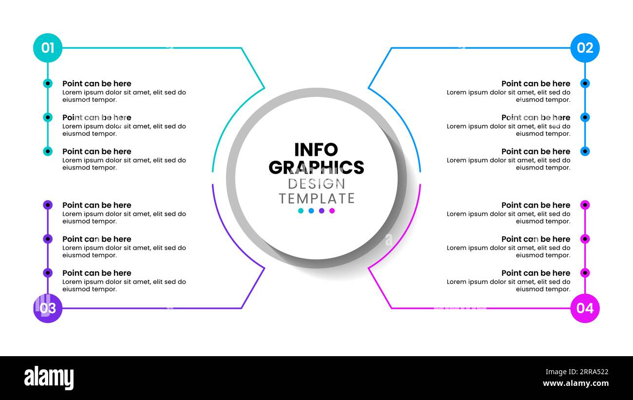 Modello infografico con 4 opzioni o passaggi. Punti. Può essere utilizzato per layout del flusso di lavoro, diagrammi, banner, webdesign. Illustrazione vettoriale Illustrazione Vettoriale