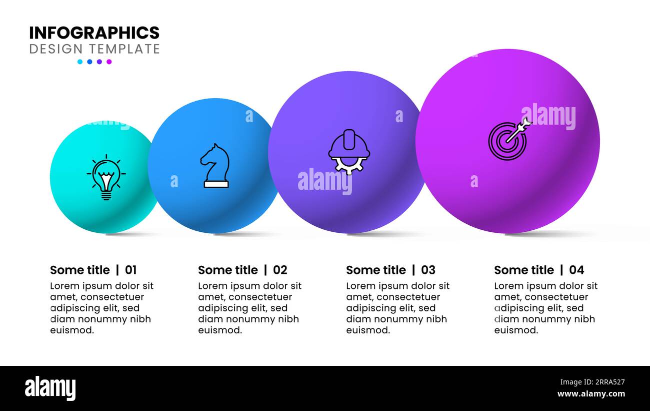 Modello infografico con icone e 4 opzioni o passaggi. aumentare le palle. Può essere utilizzato per layout del flusso di lavoro, diagrammi, banner, webdesign. Illustrazione vettoriale Illustrazione Vettoriale