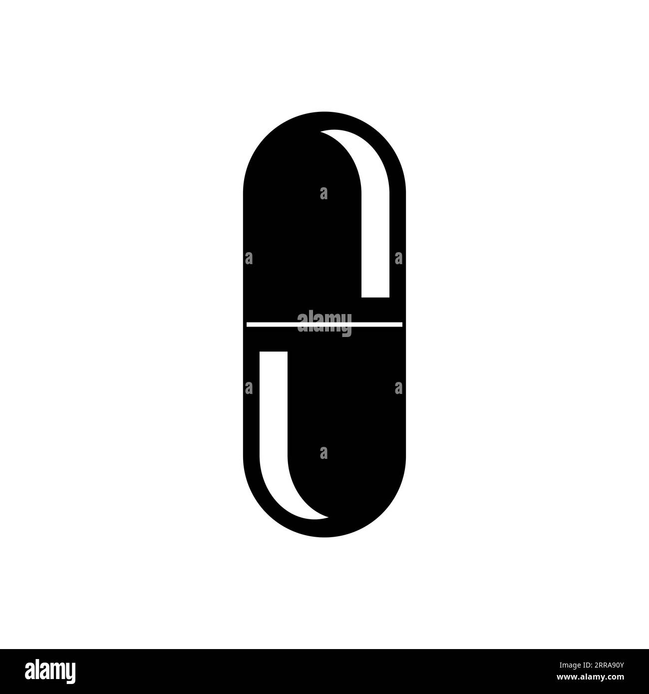 Silhouette nera della capsula verticale medica, pillole. Capsula grafica a forma di ellisse con due metà su sfondo bianco. Disegno isolato vettoriale. Malato Illustrazione Vettoriale