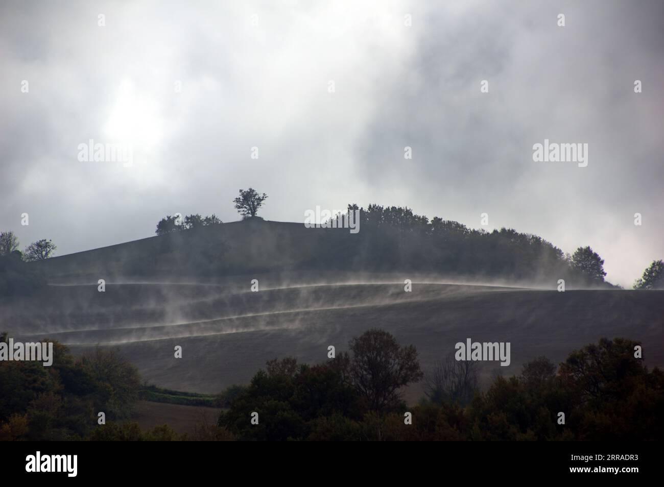 bruma nebbiosa sale da un campo arato Foto Stock