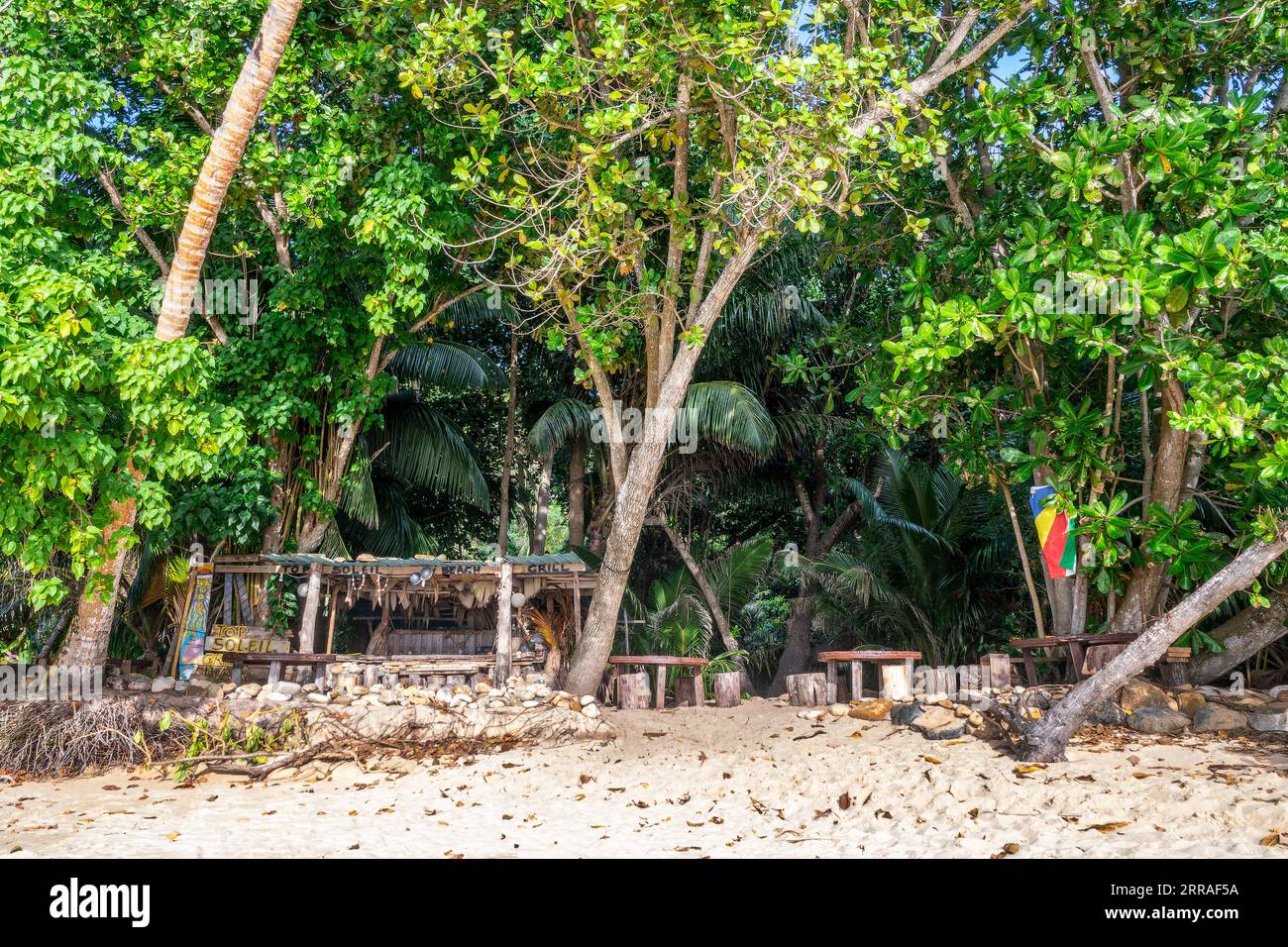 Top Soleil, pittoresco bar sulla spiaggia sotto gli alberi su una spiaggia di sabbia sull'isola tropicale di Mahé, Seychelles Foto Stock