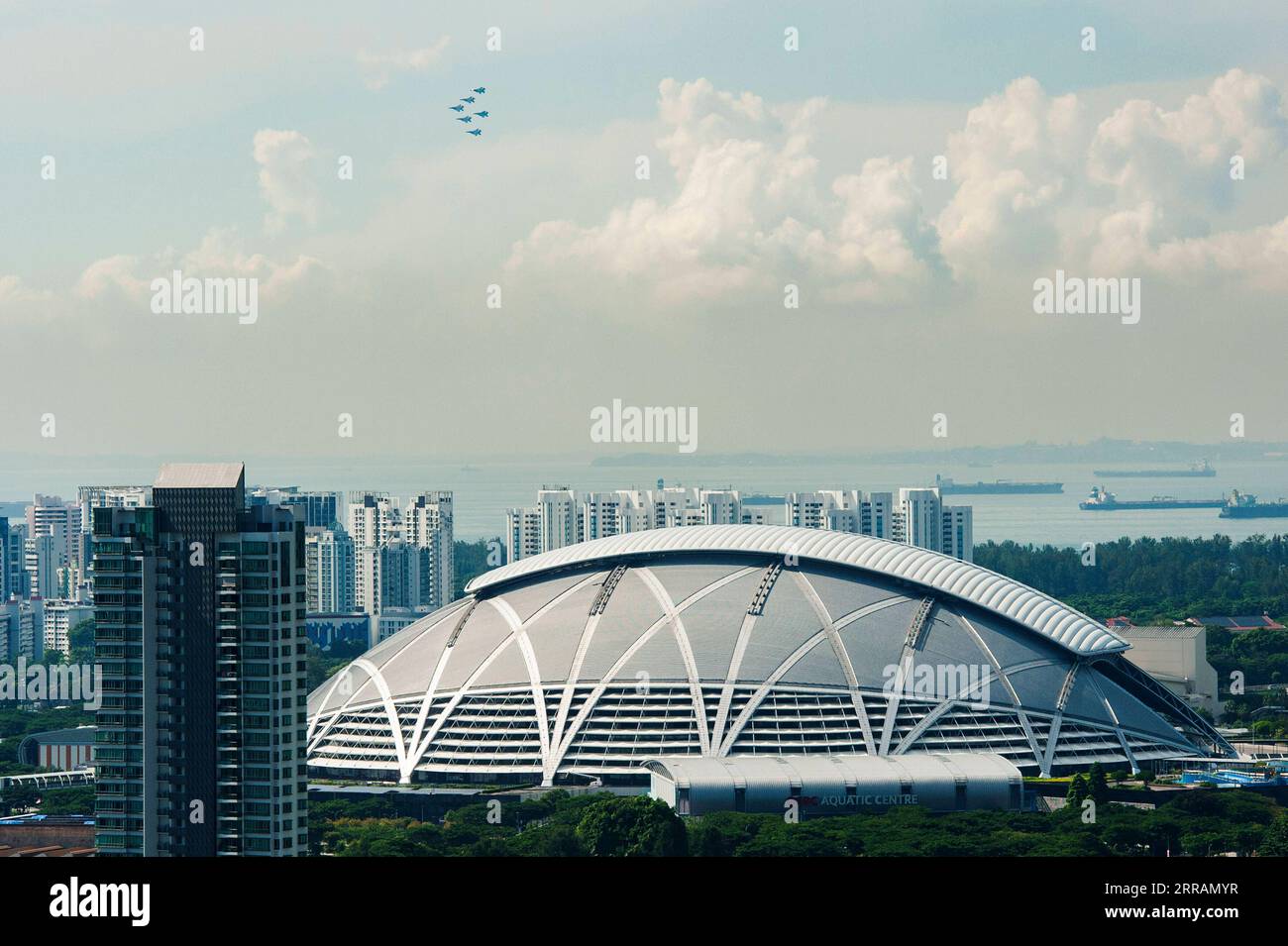 210809 -- SINGAPORE, 9 agosto 2021 -- Una flotta di aerei da combattimento vola in formazione durante le celebrazioni della giornata Nazionale a Singapore, 9 agosto 2021. Singapore ha celebrato il 56° anniversario dell'indipendenza lunedì. SINGAPORE - FESTA NAZIONALE ThenxChihxWey PUBLICATIONxNOTxINxCHN Foto Stock