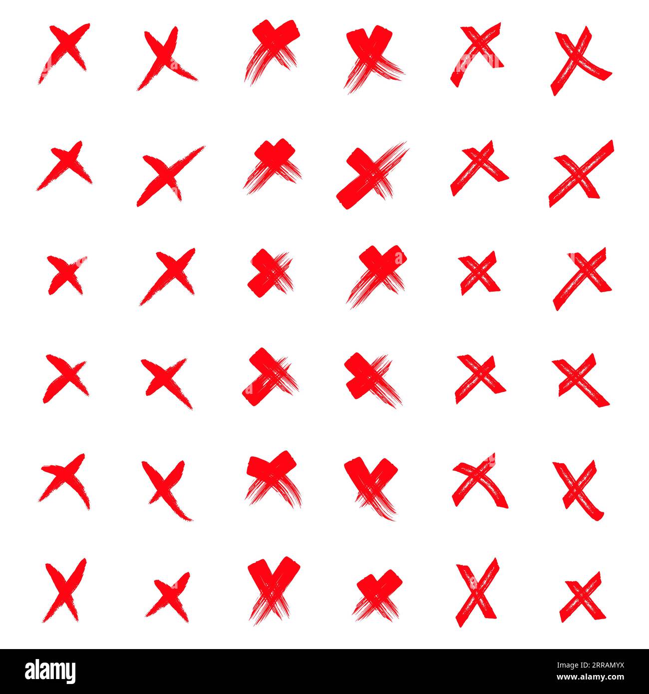 Grunge Set X. Imposta le forme rosse su uno sfondo bianco isolante. X raccolta di set vettoriali con contrassegno rosso. Icona a croce dai tratti della spazzola a mano. Disegnato a mano Illustrazione Vettoriale
