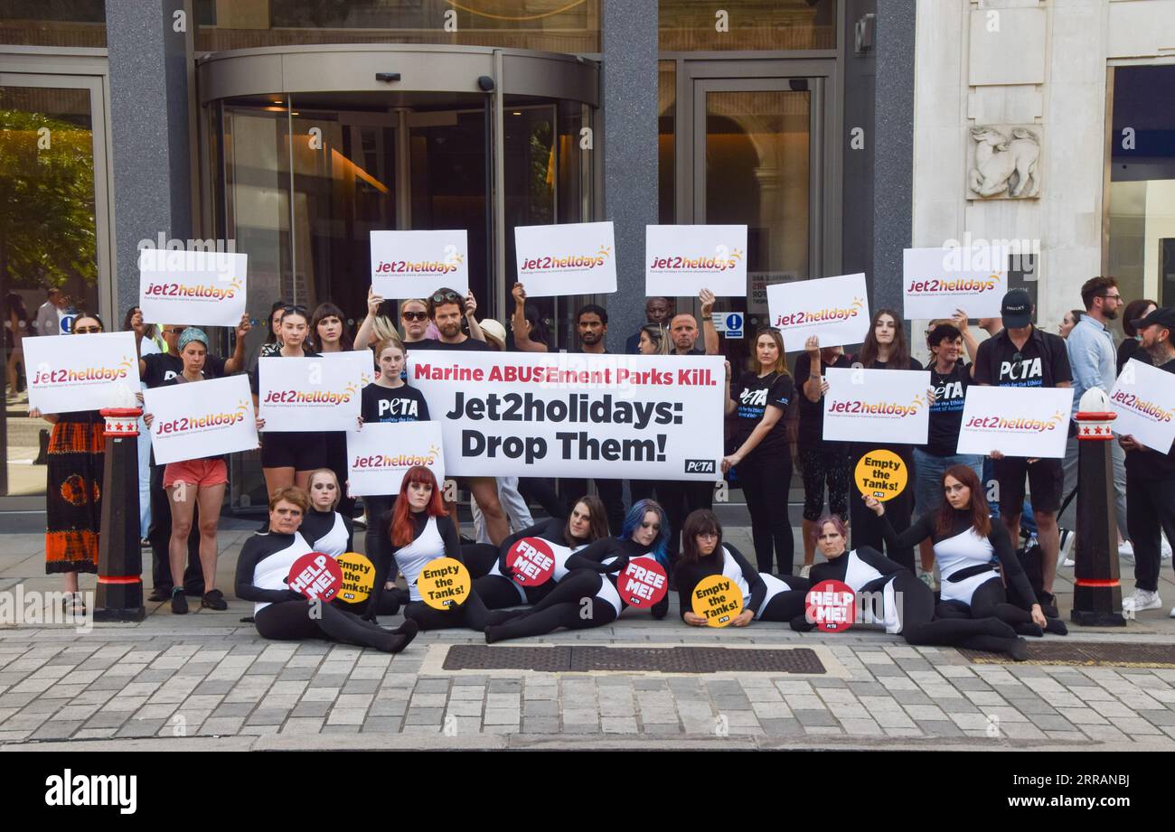 Londra, Regno Unito. 7 settembre 2023. Gli attivisti PETA che indossano costumi di orca e altri che tengono in mano cartelli "Jet2 Helldays" organizzano una protesta fuori dall'incontro annuale di Jet2 Holidays a Cheapside, invitando il fornitore di viaggi a far cadere i parchi marini che tengono i cetacei in carri armati per l'intrattenimento dai suoi pacchetti vacanze. Credito: Vuk Valcic/Alamy Live News Foto Stock